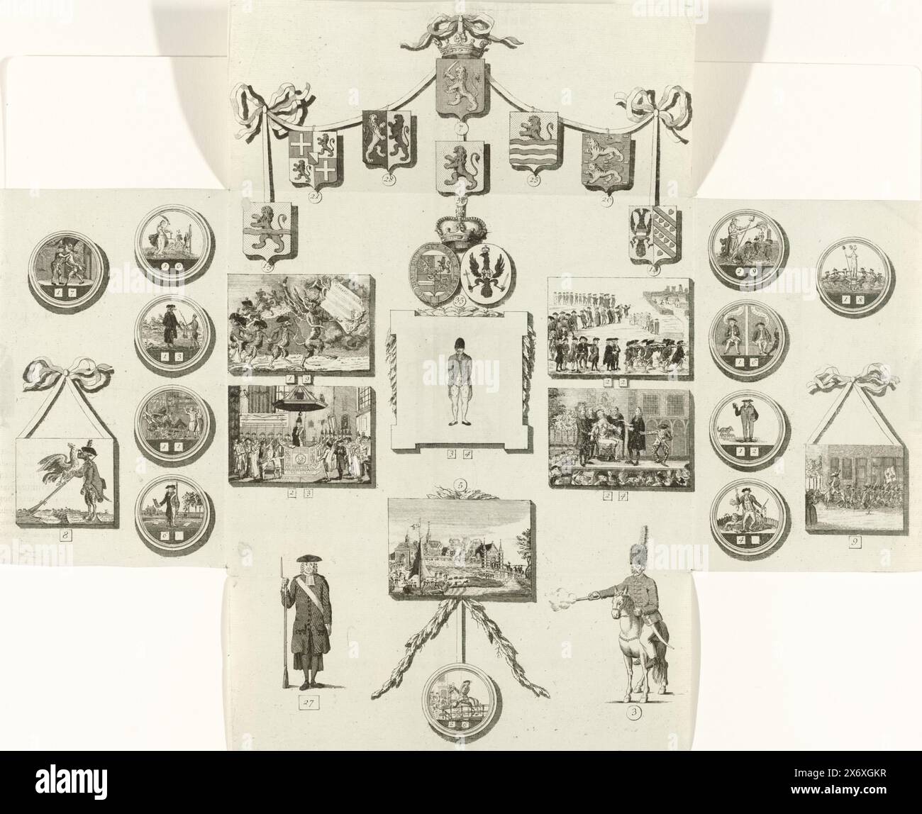 Brettspiel über die Patrioten, 1788, niederländisches Staatswurfspiel. MDCCLXXXVIII (Titel über Objekt), Cartoon on the Patriots in Form eines Brettspiels, 1788. Eröffnungsdruck mit einem stehenden Gelehrten als Free Corps Spieler auf der gefalteten Vorderseite, mit achtzeiliger Strophe. Im Inneren befinden sich historische Szenen und Cartoons über die Patrioten sowie die Boxen mit den Nummern 1–35. Das zentrale Bild ist ein durchsichtiges oder durchsichtiges Bild eines Patrioten, der, wenn er an das Licht gehalten wird, vom Teufel an einem Galgen gehängt wird. Bei fast allen Darstellungen handelt es sich um verkleinerte Kopien der Originaldrucke., Print, Print Maker Stockfoto