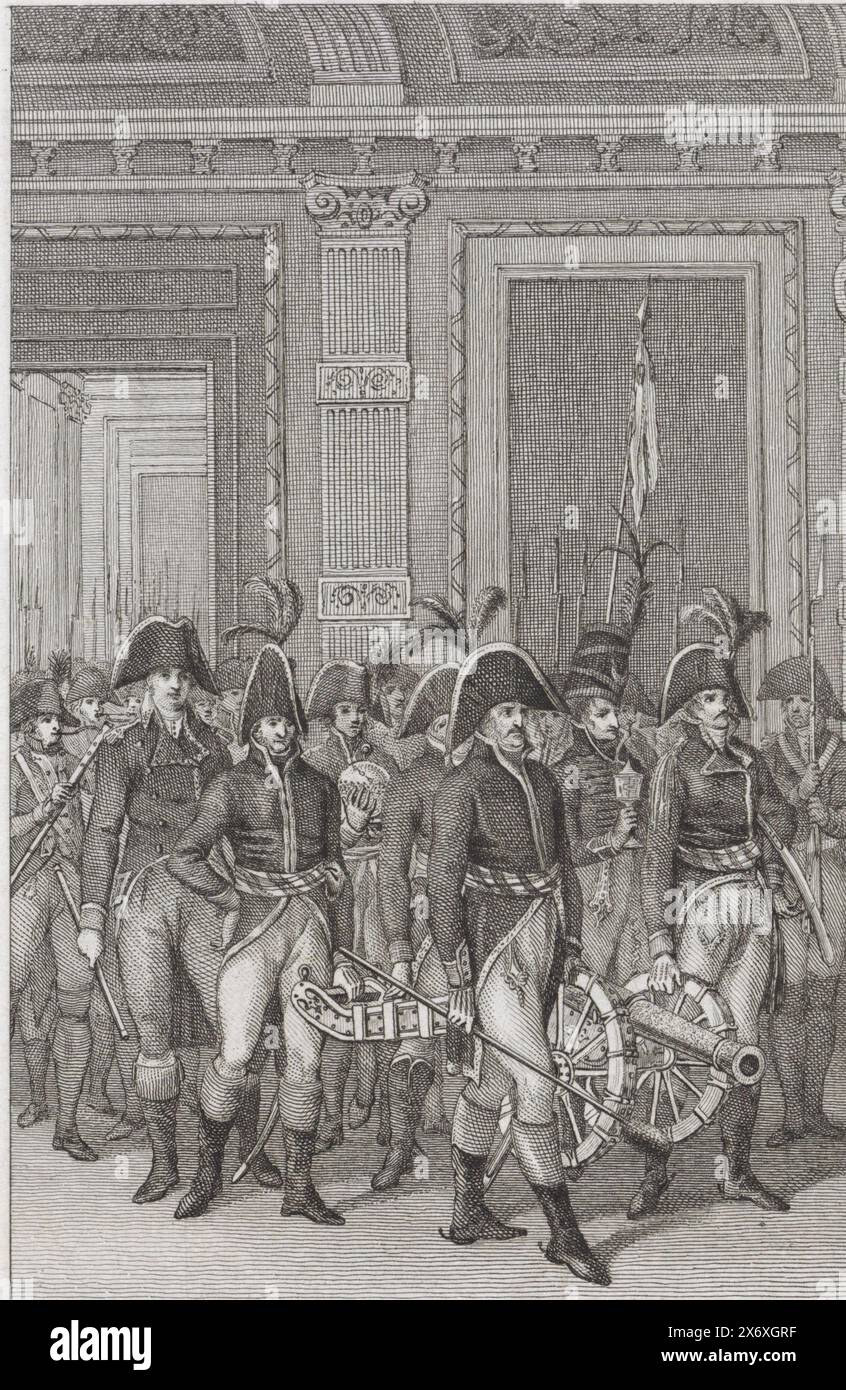 Rückgabe historischer Stücke aus der Sammlung des Statthalters durch die Franzosen an die Generalstaaten, 1795, Zeremonie mit der Rückgabe von fünf wichtigen historischen Stücken aus der konfiszierten Statthaltersammlung Wilhelm V. durch die Franzosen unter der Leitung von General J.B. Dumonceau, tragen die Stücke in den Binnenhof, um sie an die Generalstaaten zu übergeben, 12. März 1795., Druck, Druckerei: Reinier Vinkeles (I), (auf dem Gegenstand erwähnt), nach eigenem Entwurf von: Reinier Vinkeles (I), (auf dem Gegenstand erwähnt), Amsterdam, in oder vor 1801 - in oder vor 1803, Papier, Ätzen, Gravur, Höhe, 239 mm Stockfoto