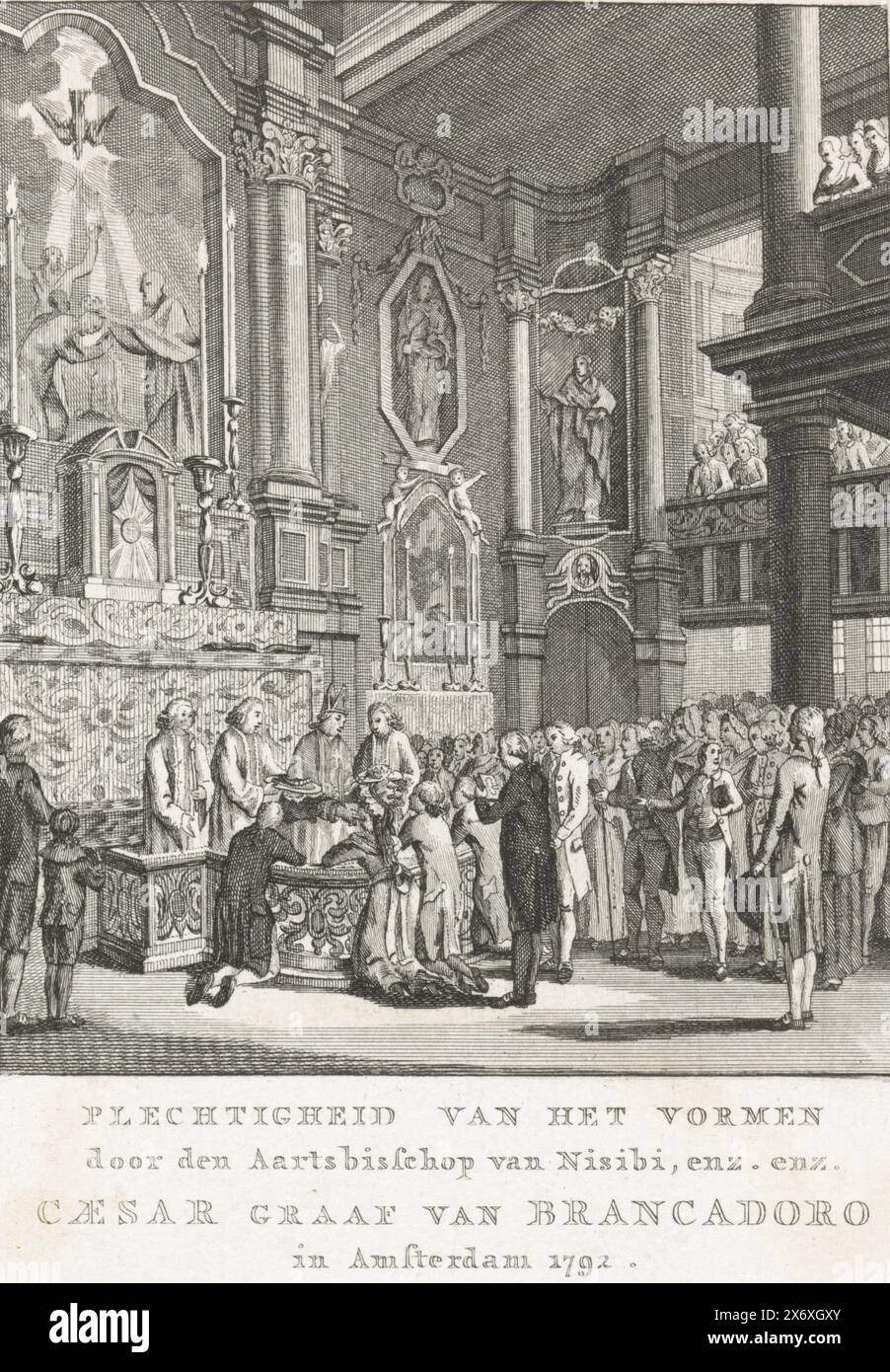 Konfirmationsverwaltung in der Moses- und Aäron-Kirche in Amsterdam, 1792, Konfirmationszeremonie durch den Erzbischof von Nisibi (...) Cäsar Graf von Brancadoro in Amsterdam 1792 (Titel über Objekt), Blick im Inneren der Moses- und Aäron-Kirche in Amsterdam, wo Cesare Brancadoro, Erzbischof von Nisibi, verwaltete Bestätigung an die Kirchgänger, Juni 1792., Druck, Druckerei: anonym, (auf dem Objekt erwähnt), Nord-Niederlande, 1792, Papier, Ätzen, Gravieren, Höhe, 178 mm x Breite, 135 mm Stockfoto