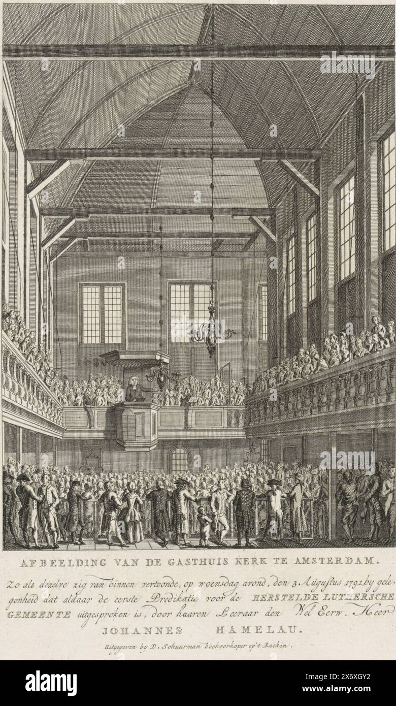 Erste Predigt für die restaurierte lutherische Kirche in der Gasthuis-Kirche in Amsterdam, 1791, Bild der Gasthuis-Kirche in Amsterdam (Titel auf Objekt), erste Predigt für die restaurierte lutherische Kirche (evangelisch-lutherische Kirche) durch den Pfarrer Johannes Hamelau in der Gasthuis-Kirche in Amsterdam, 3. August 1791. Vollständiges Kircheninnere mit dem Prediger auf der Kanzel., Druck, Druckerei: Anonym, Verlag: Dirk Schuurman, (auf dem Objekt erwähnt), Druckerei: Nord-Niederlande, Verlag: Amsterdam, 1791, Papier, Ätzen, Höhe, 240 mm x Breite, 180 mm Stockfoto