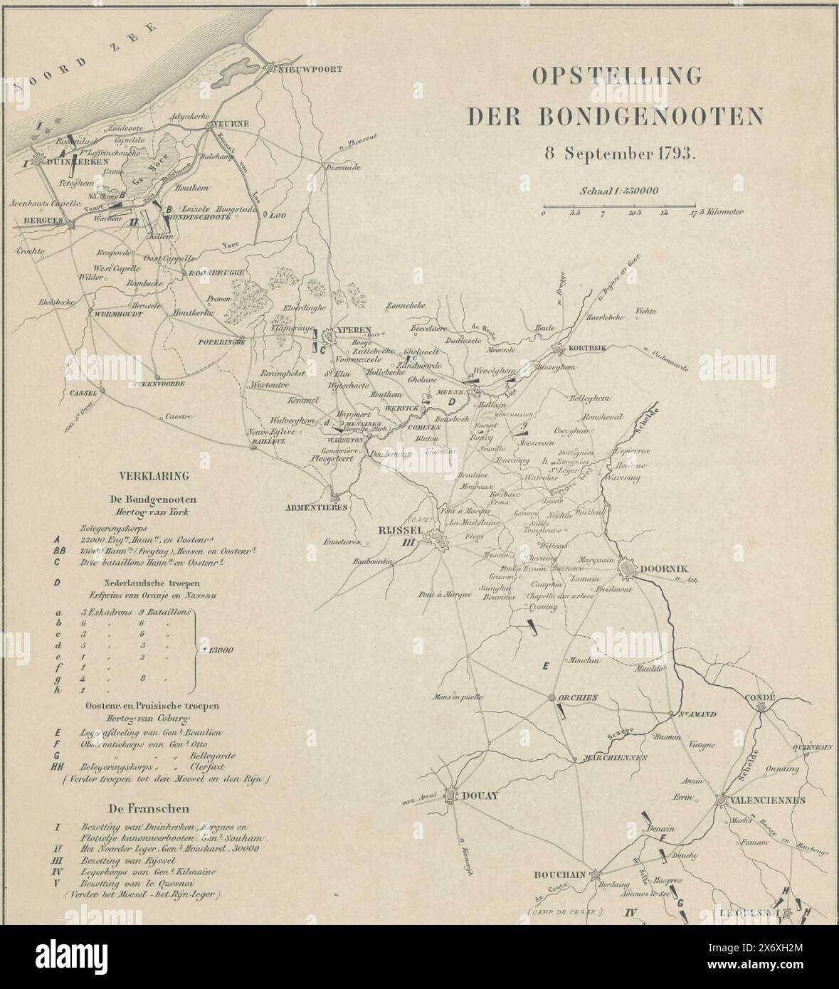 Karte mit den Positionen der Alliierten und der Franzosen, 1793, Position der Alliierten 8. September 1793 (Titel auf Objekt), Karte der österreichischen Niederlande mit den Positionen der Koalitionstruppen und der französischen Revolutionsarmee, 8. September 1793., Druck, Druckerei: F. de Bas, (zum Gegenstand erwähnt), Niederlande, 1793 - 1850, Papier, Ätzen, Gravieren, Höhe, 345 mm x Breite, 307 mm Stockfoto