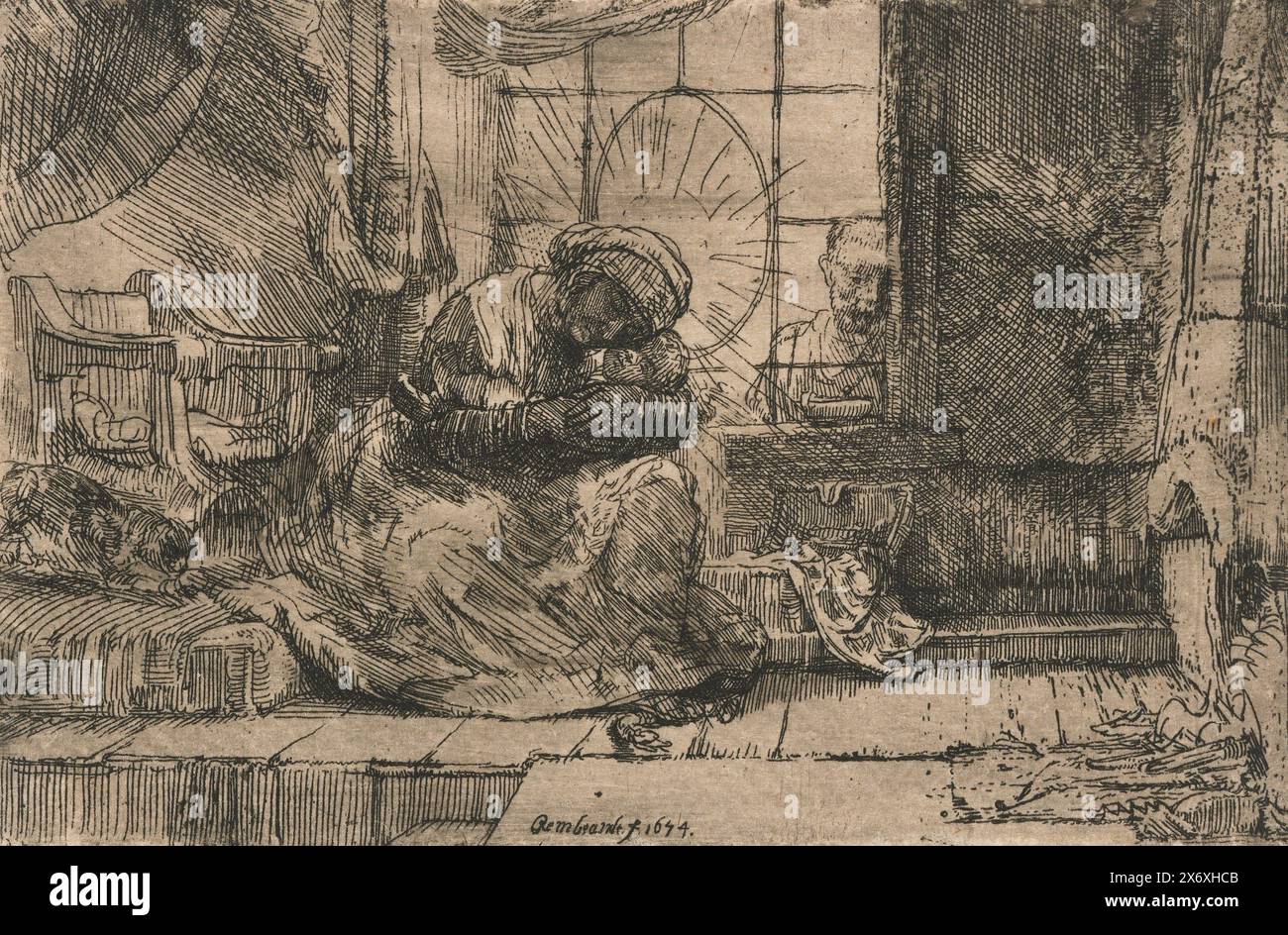 Die Jungfrau und das Kind mit der Katze und der Schlange, Druck, Druckerei: Rembrandt van Rijn, (auf dem Objekt erwähnt), nach eigenem Entwurf von: Rembrandt van Rijn, 1654, Papier, Ätzen, Höhe, 94 mm x Breite, 143 mm Stockfoto
