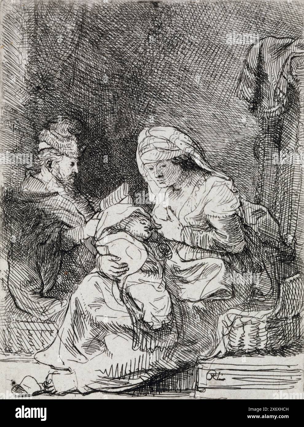 The HolyFamily, Print, Print Maker: Rembrandt van Rijn, (auf dem Objekt erwähnt), nach eigenem Entwurf von: Rembrandt van Rijn, ca. 1632, Papier, Ätzen, Höhe, 94 mm x Breite, 71 mm Stockfoto