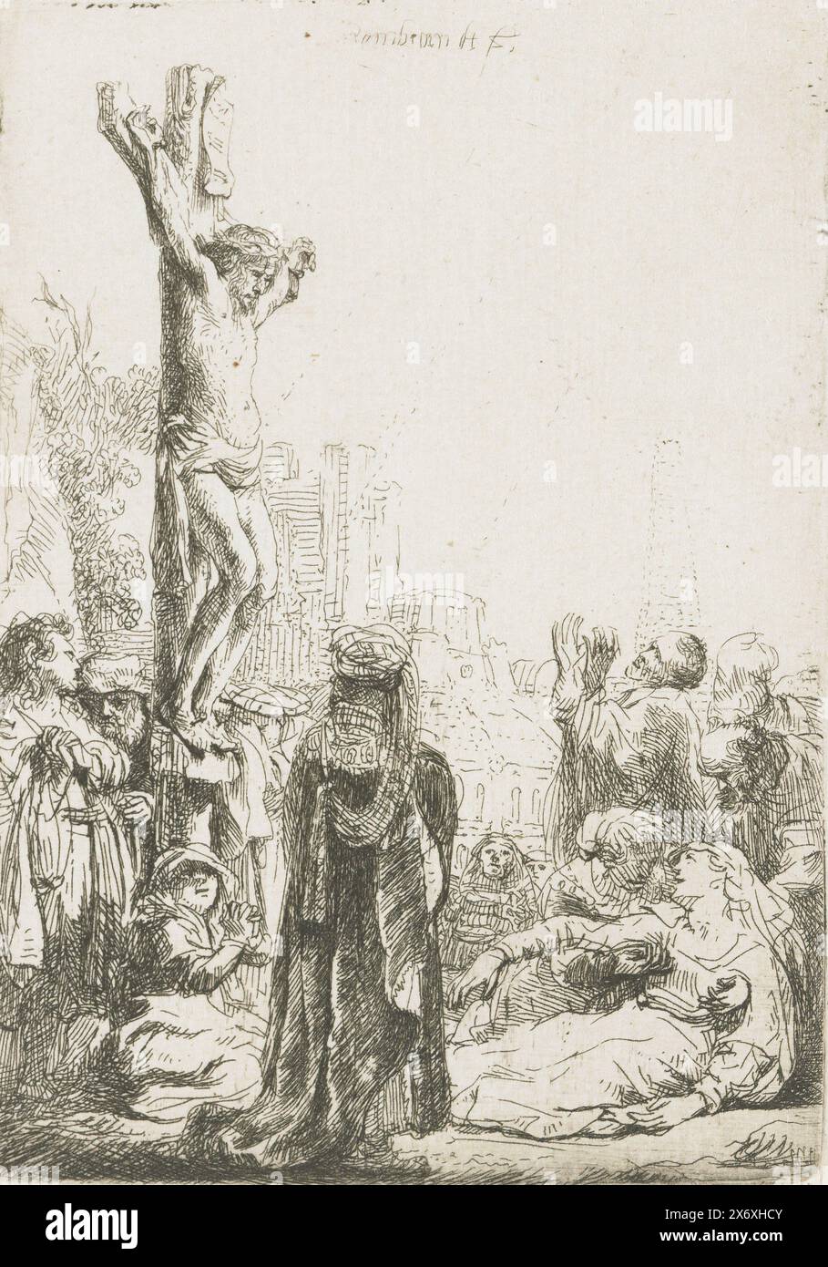 Die Kreuzigung: Kleine Platte, Druck, Druckerei: Rembrandt van Rijn, (auf dem Objekt erwähnt), nach eigenem Entwurf von: Rembrandt van Rijn, ca. 1635, Papier, Ätzen, Höhe, 95 mm x Breite, 67 mm Stockfoto