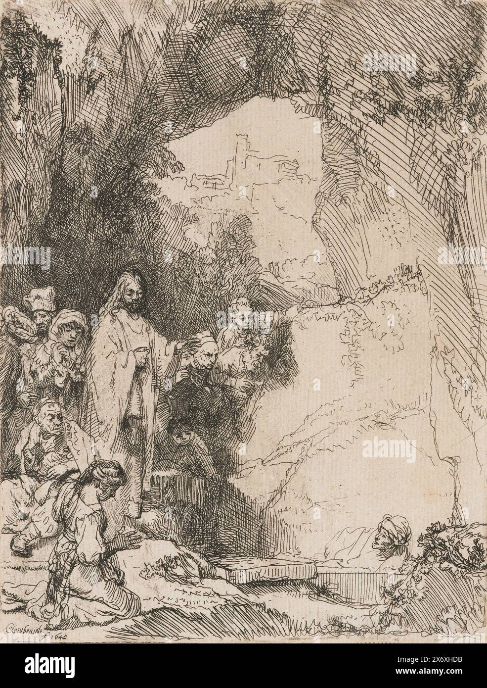 The Raising of Lazarus: Kleine Platte, Druck, Druckerei: Rembrandt van Rijn, (auf dem Objekt erwähnt), nach eigenem Entwurf von: Rembrandt van Rijn, 1642, Papier, Ätzen, Höhe, 149 mm x Breite, 114 mm Stockfoto
