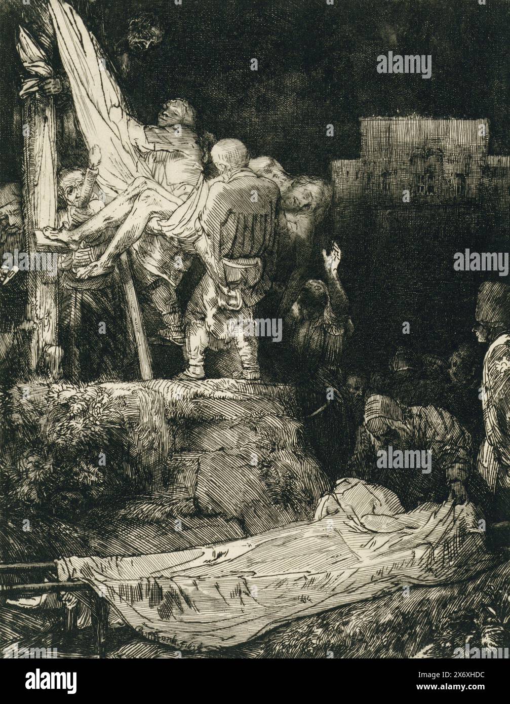 Der Abstieg vom Kreuz durch Fackel, Druck, Druckerei: Rembrandt van Rijn, (auf dem Objekt erwähnt), nach eigenem Entwurf von: Rembrandt van Rijn, 1654, Papier, Ätzen, Trockenspitze, Höhe, 210 mm x Breite, 161 mm Stockfoto