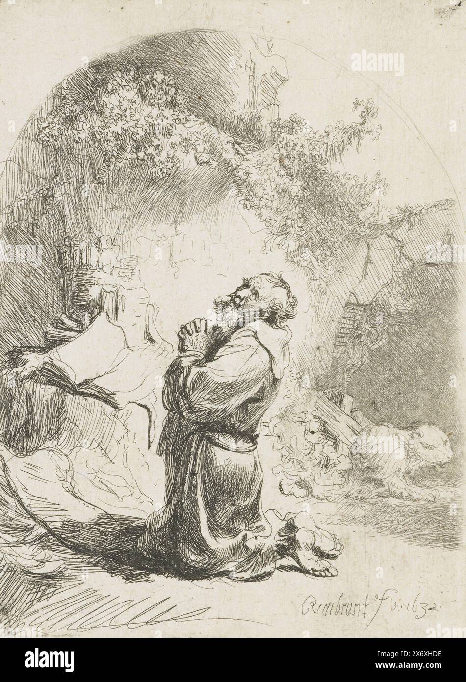 St Jerome Praying: Bogenarbeit, Druck, Druckerei: Rembrandt van Rijn, (auf dem Objekt erwähnt), nach eigenem Entwurf von: Rembrandt van Rijn, 1632, Papier, Ätzung, Höhe, 109 mm x Breite, 81 mm Stockfoto