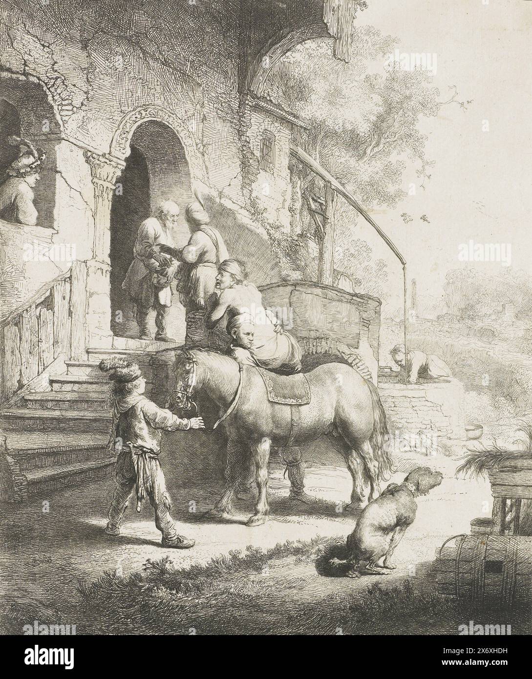 The Good Samaritan, Print, Printmacher: Rembrandt van Rijn, (auf dem Objekt erwähnt), nach eigenem Entwurf von: Rembrandt van Rijn, 1633, Papier, Ätzen, Trockenspitze, Höhe, 252 mm x Breite, 205 mm Stockfoto