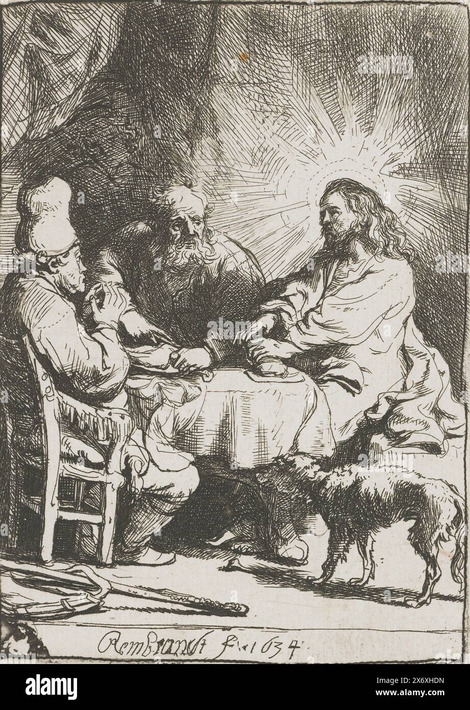 Christus bei Emmaus: Die kleinere Platte, Druck, Druckerei: Rembrandt van Rijn, (auf dem Objekt erwähnt), nach eigenem Entwurf von: Rembrandt van Rijn, 1634, Papier, Ätzen, Trockenspitze, Höhe, 102 mm x Breite, 74 mm Stockfoto