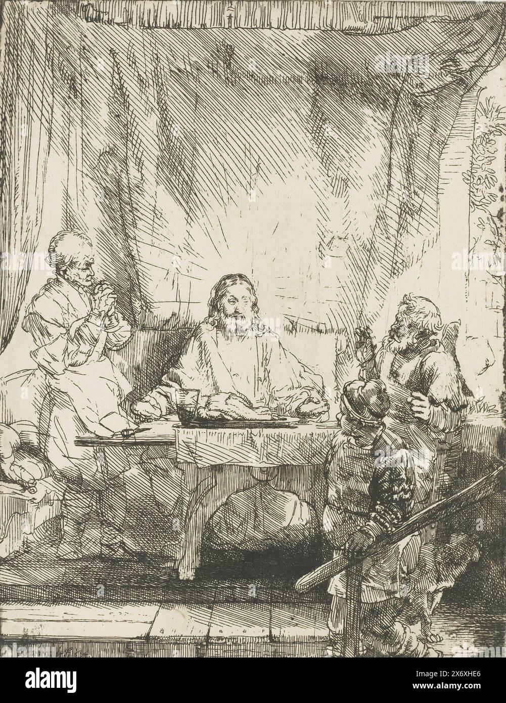 Christus bei Emmaus: Die größere Platte, Druck, Druckerei: Rembrandt van Rijn, (auf dem Objekt erwähnt), nach eigenem Entwurf von: Rembrandt van Rijn, 1654, Papier, Ätzung, Höhe, 208 mm x Breite, 159 mm Stockfoto