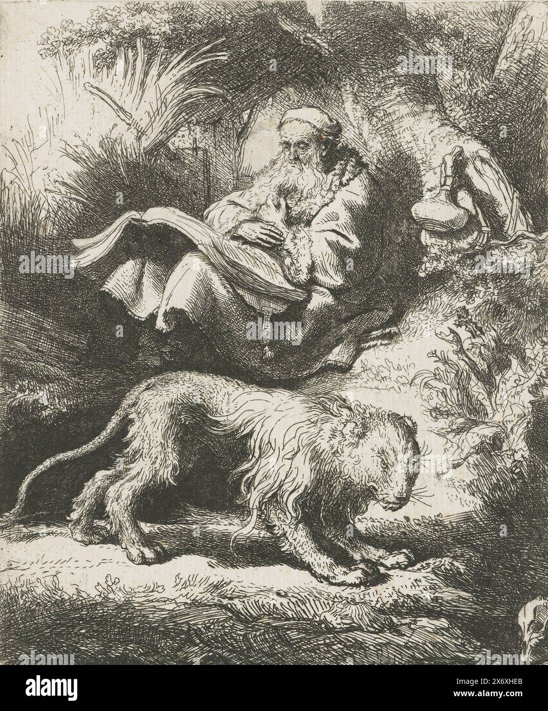 St. Jerome Lesen, Drucken, Druckerei: Rembrandt van Rijn, (auf dem Objekt erwähnt), nach eigenem Entwurf von: Rembrandt van Rijn, 1634, Papier, Ätzen, Höhe, 108 mm x Breite, 89 mm Stockfoto