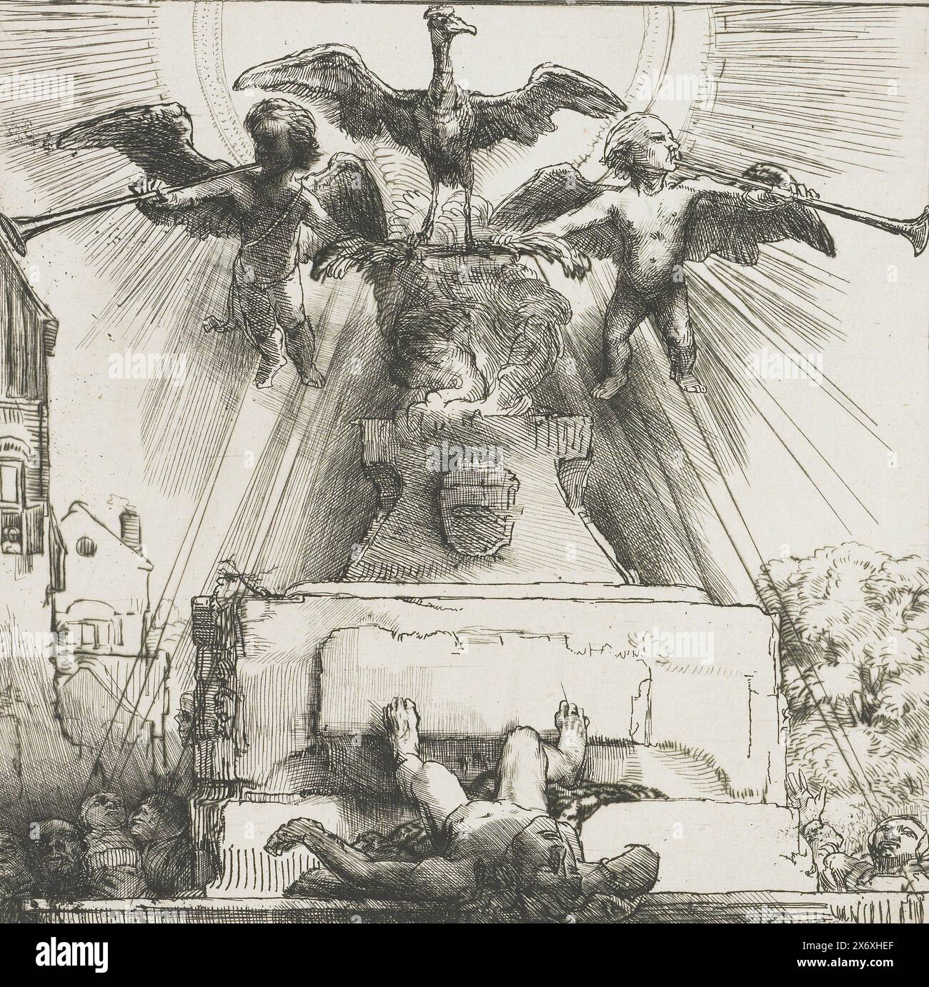 Der phönix oder die Statue gestürzt, Druck, Druckerei: Rembrandt van Rijn, (auf dem Objekt erwähnt), nach eigenem Entwurf von: Rembrandt van Rijn, 1658, Papier, Ätzung, Trockenspitze, Höhe, 180 mm x Breite, 183 mm Stockfoto