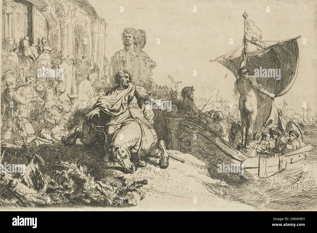 The Ship of Fortune, Druck, Druckerei: Rembrandt van Rijn, (auf dem Objekt erwähnt), nach eigenem Entwurf von: Rembrandt van Rijn, 1633, japanisches Papier, Ätzen, Höhe, 111 mm x Breite, 165 mm Stockfoto