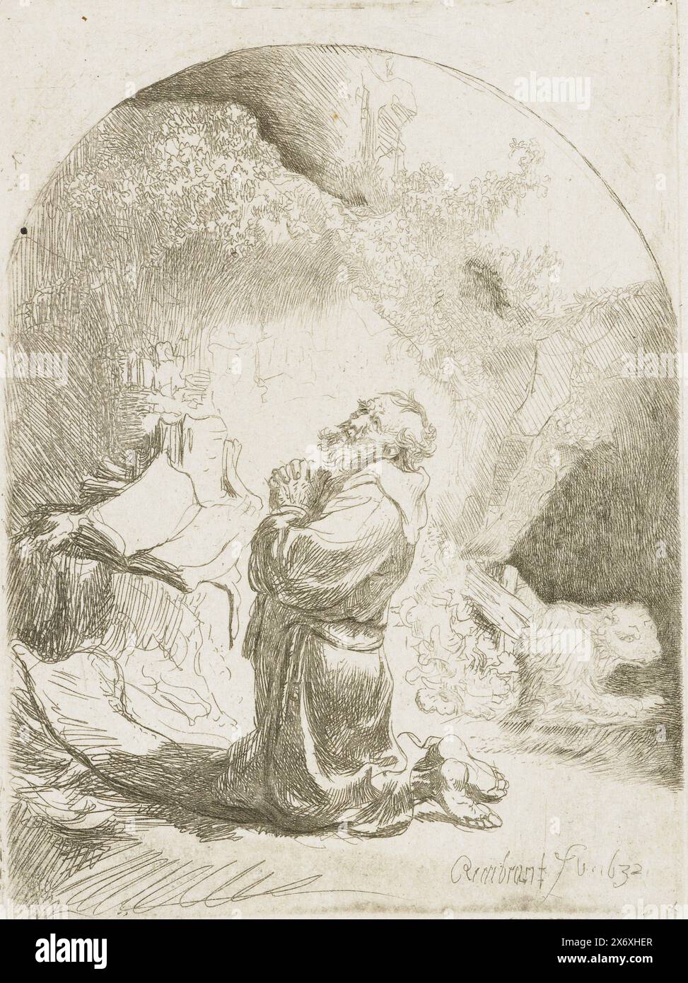 St Jerome Praying: Bogenarbeit, Druck, Druckerei: Rembrandt van Rijn, (auf dem Objekt erwähnt), nach eigenem Entwurf von: Rembrandt van Rijn, 1632, Papier, Ätzung, Höhe, 110 mm x Breite, 81 mm Stockfoto