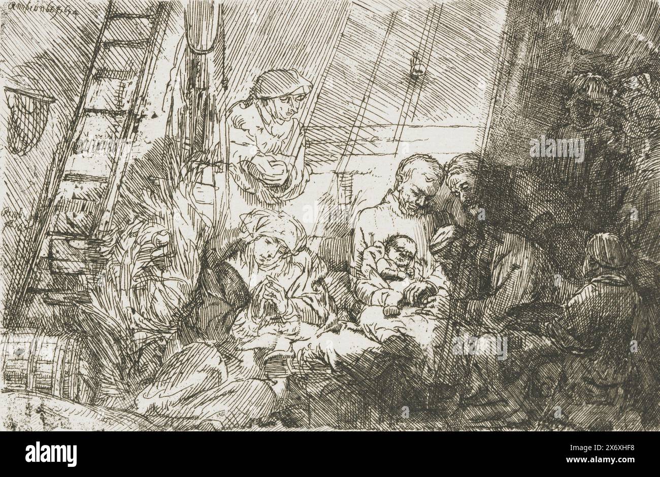 Die Beschneidung im Stall, Druck, Druckerei: Rembrandt van Rijn, (auf dem Objekt erwähnt), nach eigenem Entwurf von: Rembrandt van Rijn, 1654, Papier, Ätzen, Höhe, 95 mm x Breite, 144 mm Stockfoto