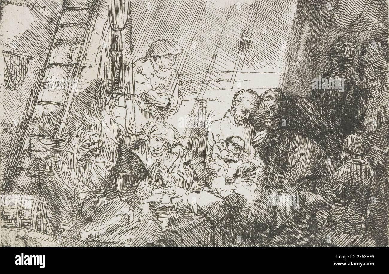 Die Beschneidung im Stall, Druck, Druckerei: Rembrandt van Rijn, (auf dem Objekt erwähnt), nach eigenem Entwurf von: Rembrandt van Rijn, 1654, Papier, Ätzen, Höhe, 95 mm x Breite, 144 mm Stockfoto