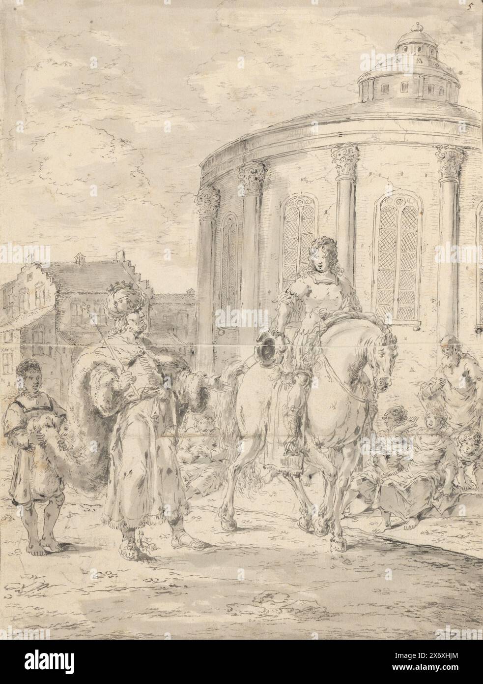 Alexander der große zähmt Bucephalus, Alexander der sich gegen die Sonne wendet reitet sehr leicht, Alexander der große sieht, dass das Pferd Bucephalus von den Schatten erschreckt wird und wendet das Pferd zur Sonne, danach kann er es leicht reiten. Philipp II. Schaut seinen Sohn an. Nummeriert oben rechts: 5. Zeichnung ist Teil eines Albums., Zeichnung, Zeichner: Leonaert Bramer, ca. 1655 - ca. 1665, Papier, Stift, Pinsel, Höhe, 413 mm x Breite, 309 mm Stockfoto