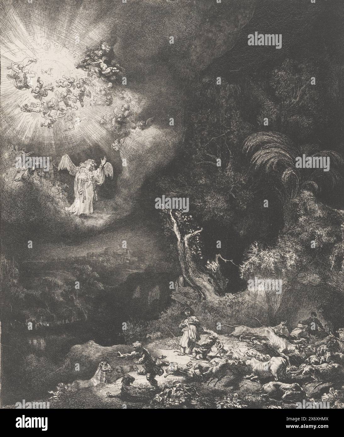 Der Engel erscheint den Hirten, Druck, Druckerei: Rembrandt van Rijn, (auf dem Objekt erwähnt), nach eigenem Entwurf von: Rembrandt van Rijn, 1634, Papier, Ätzung, Trockenspitze, Höhe, 263 mm x Breite, 220 mm Stockfoto