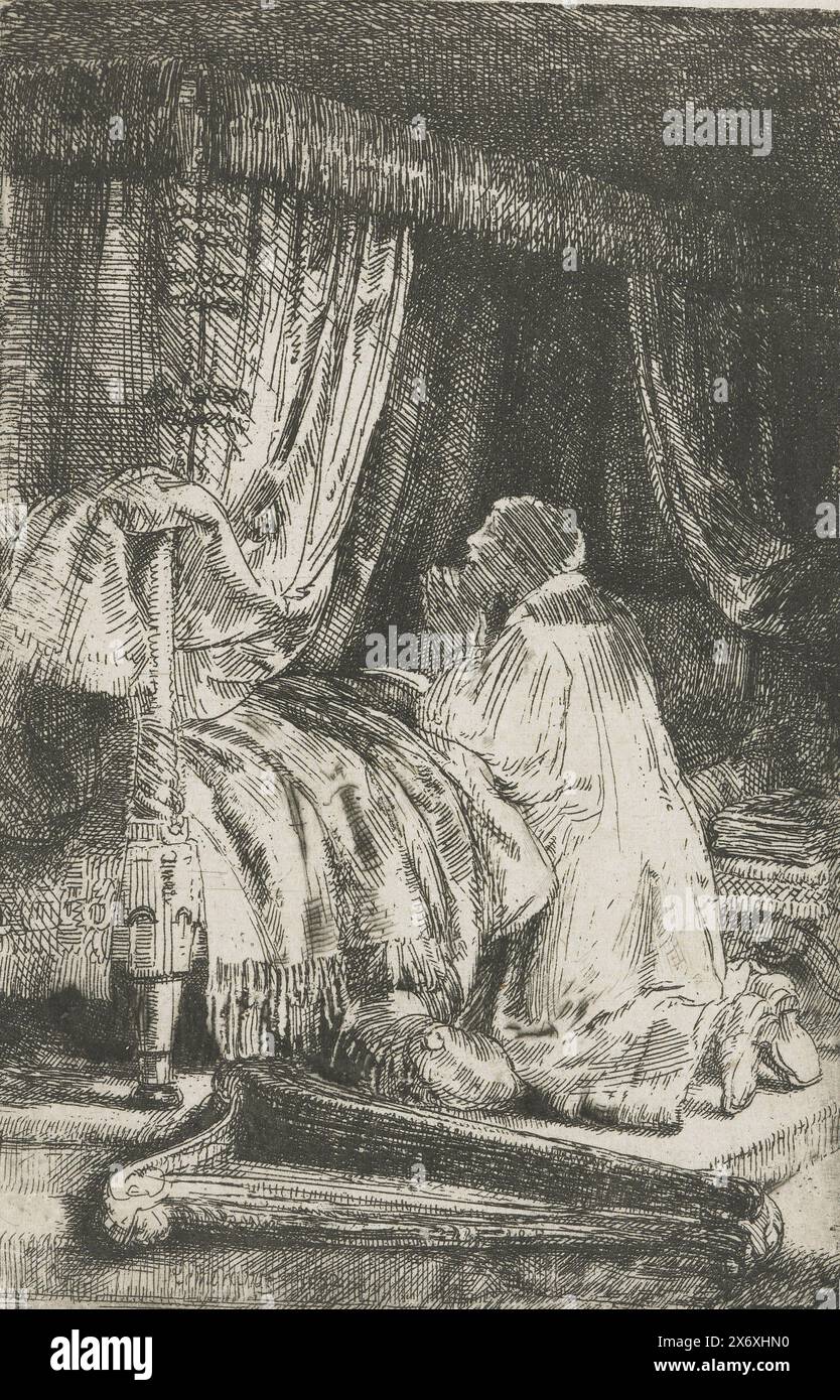 David in Gebet, Druck, Druckerei: Rembrandt van Rijn, (auf dem Objekt erwähnt), nach eigenem Entwurf von: Rembrandt van Rijn, 1652, Papier, Ätzen, Trockenspitze, Höhe, 144 mm x Breite, 95 mm Stockfoto
