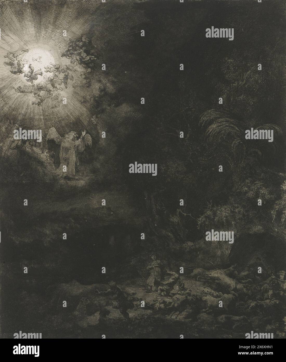 Der Engel erscheint den Hirten, Druck, Druckerei: Rembrandt van Rijn, (auf dem Objekt erwähnt), nach eigenem Entwurf von: Rembrandt van Rijn, 1634, Papier, Ätzung, Trockenspitze, Höhe, 260 mm x Breite, 220 mm Stockfoto