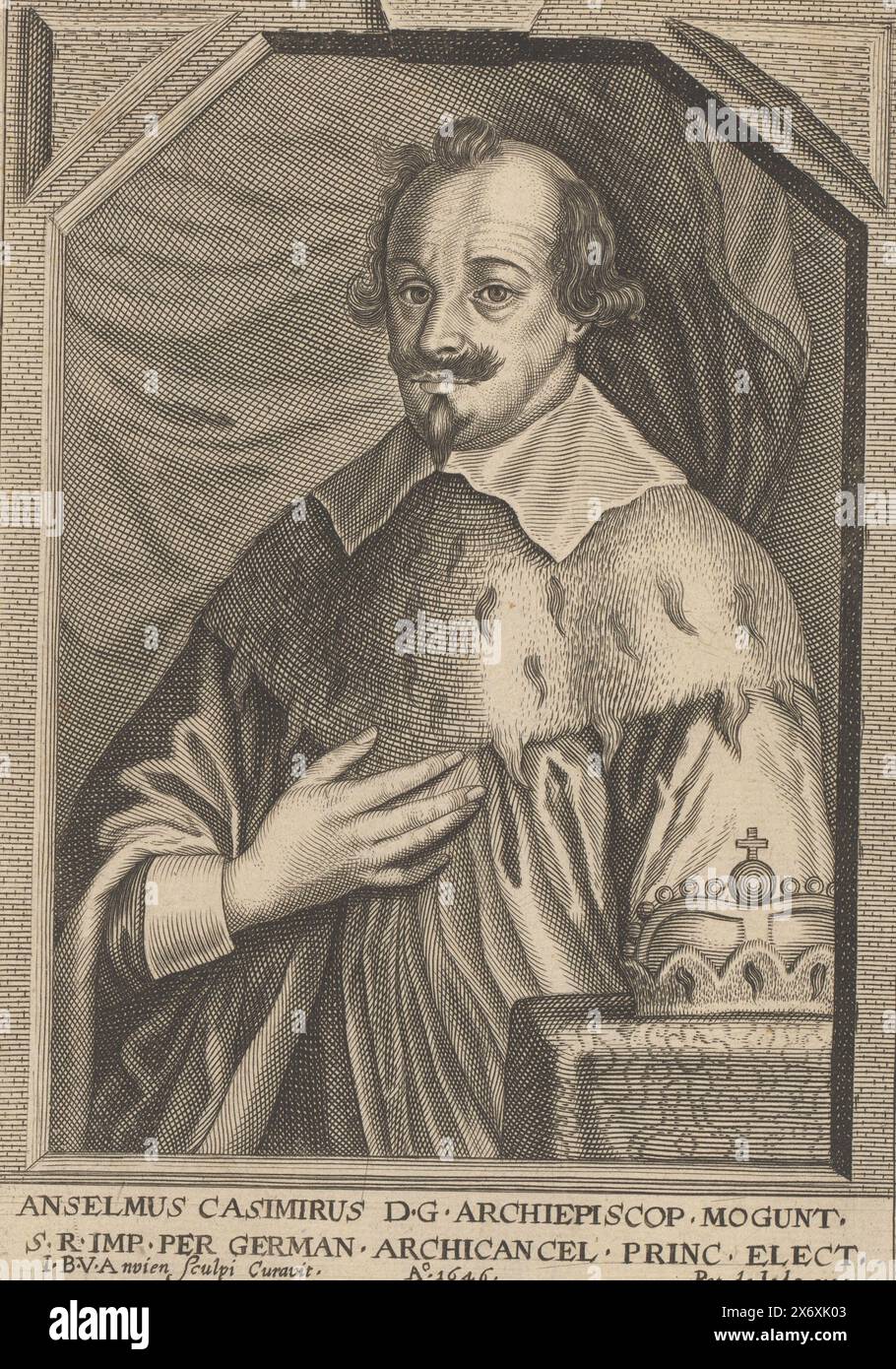 Porträt von Anselm Casimir Wambold von Umstadt, Anselmus Casimirus D.G. Archiepiscop. (...) (Titel auf Objekt), Theater der Bischöfe, Kaiser, Könige, Herzöge, Prinzen usw. (Reihentitel), Theatrum pontificum, Imperatorum, Regum, ducum, prinzipum usw. (Reihentitel), mit lateinischer Unterschrift., Druck, Druckerei: J.B. van Anvien, (auf dem Gegenstand erwähnt), Verlag: Pieter de Jode (II), (auf dem Gegenstand erwähnt), Antwerpen, 1646, Papier, Gravur, Ätzen, Höhe, 166 mm x Breite, 116 mm Stockfoto