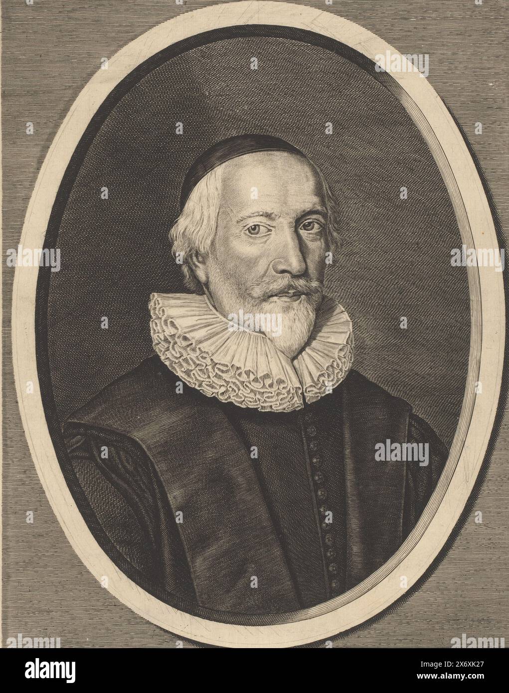 Porträt von Pierre du Moulin im Alter von 74 Jahren, Porträt von Pierre du Moulin, gekleidet in einer Toga mit Rüschenkragen. Bruststück im ovalen Rahmen., Druck, Druckerei: Cornelis van Dalen (I), 1632 - 1665, Papier, Gravur, Höhe, 306 mm x Breite, 240 mm Stockfoto