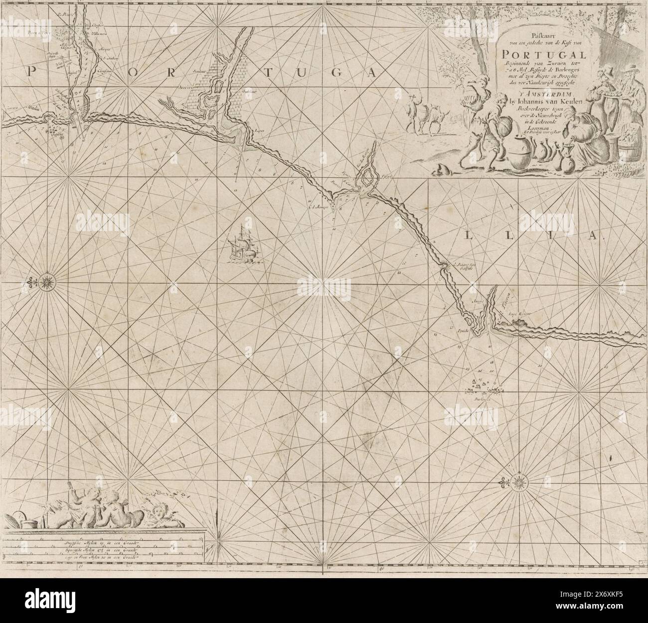 Meereskarte eines Teils der Südküste Portugals, Karte eines Teils der Küste Portugals, beginnend von Zurara bis 7 bis 8 Meilen von den Barlenges. (Titel auf Objekt), Seekarte eines Teils der Südküste Portugals, mit zwei Kompassrosen, Norden ist links. Oben rechts eine Kartusche mit Titel und Adresse des Verlegers. Im Titel sind die Gläser mit Flüssigkeit gefüllt und zwei Männer verhandeln über Obst. Unten links drei Putten an der Adresse des Verlegers und die Skala, dargestellt in Deutsch, Spanisch und Englisch oder Französisch Meilen (Maßstab: c. 1:400,000)., Druck, Druckerei: Anonym Stockfoto