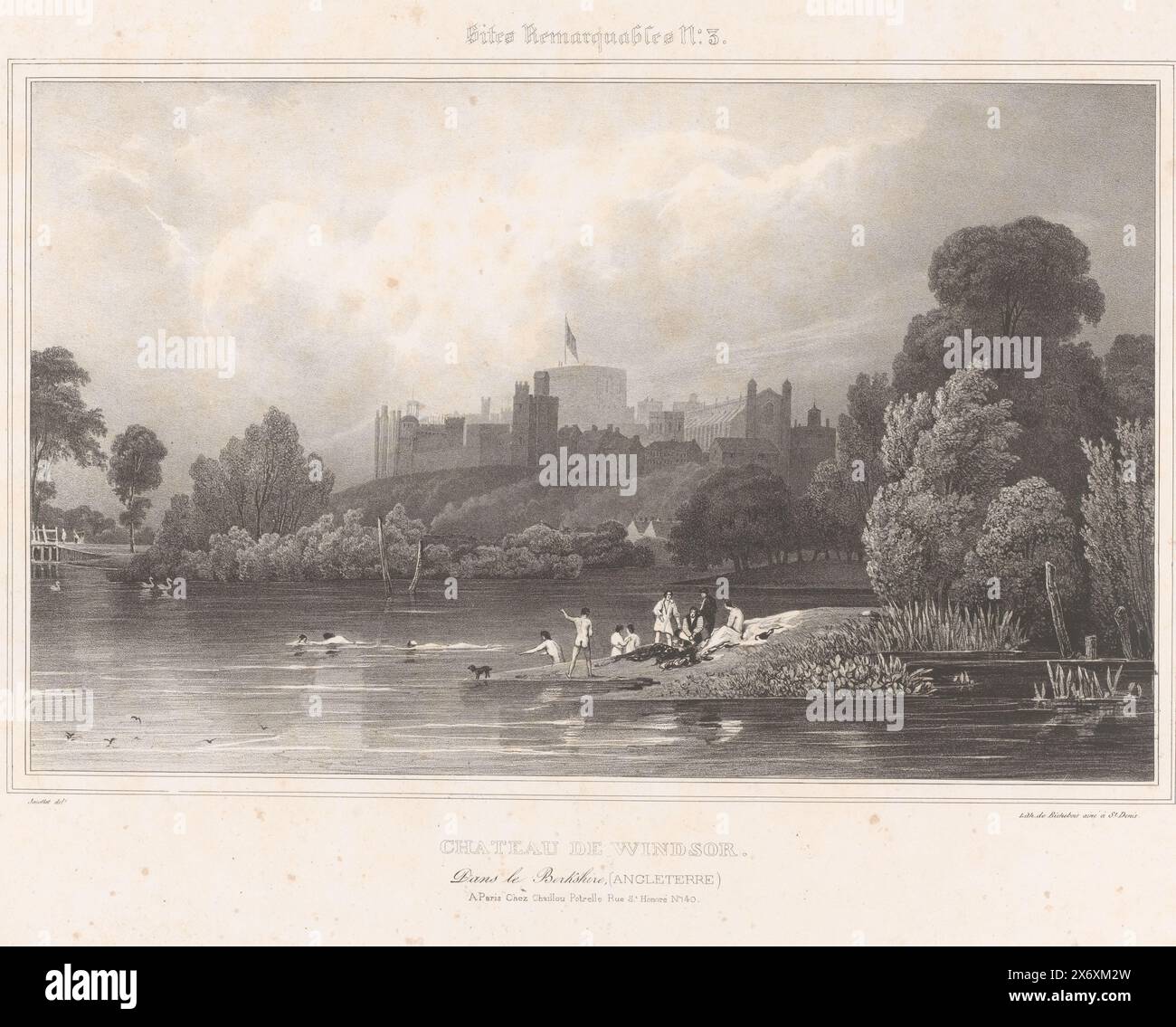 Schwimmer im Schloss Windsor, Château de Windsor dans le Berkshire (Angleterre) (Titel über Objekt), Sehenswürdigkeiten (Titel der Serie), Sehenswürdigkeiten remarquables (Titel der Serie über Objekt), Druck, Druckerei: Jean Jacottet, (auf Objekt erwähnt), Drucker: Alphonse Bichebois, (auf Objekt erwähnt), Verlag: Chaillou-Potrelle, (auf dem Objekt erwähnt), Drucker: Saint-Denis, Verlag: Paris, 1838, Papier, Höhe, 362 mm x Breite, 538 mm Stockfoto