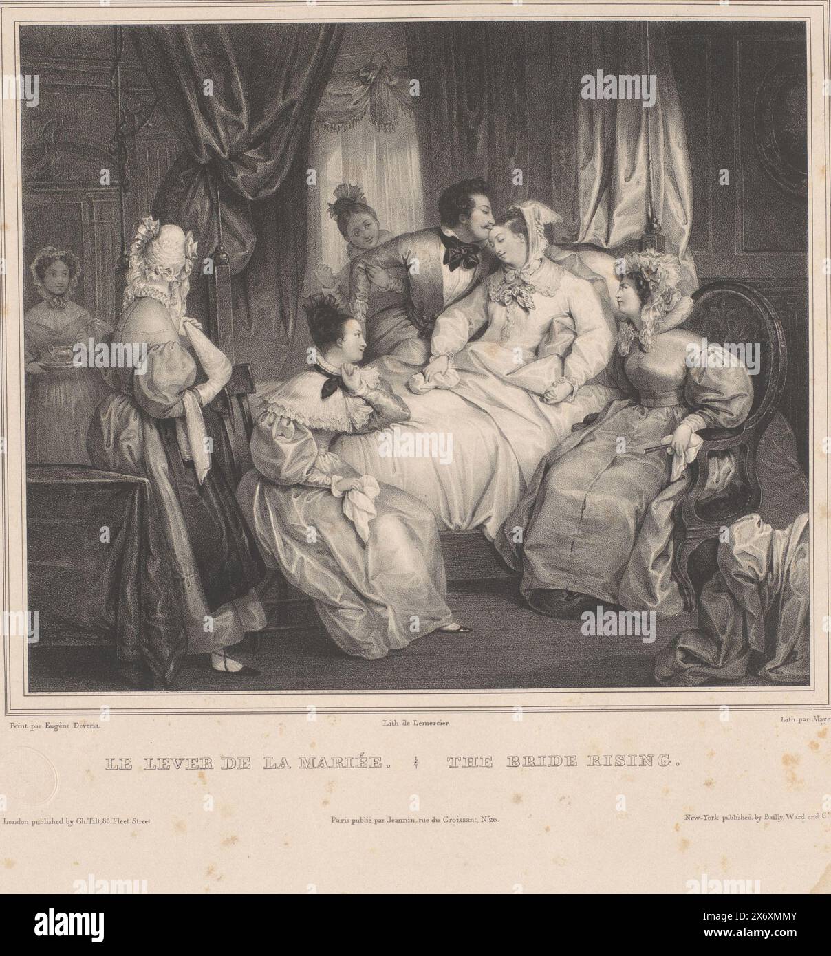 Braut im Bett mit Mann und Frau in einem Zimmer, Le Lever de la Mariée / The Bride Rising (Titel auf Objekt), Druck, Druckerei: Mayer (Prentmaker, Franse School), (erwähnt auf Objekt), nach Malerei von: Eugène Devéria, (erwähnt auf Objekt), Drucker: Joseph Rose Lemercier, (erwähnt auf Objekt), Drucker: Paris, Verlag: Paris, Herausgeber: London, Verlag: New York (City), 1830 - 1837, Papier, Höhe, 400 mm x Breite, 570 mm Stockfoto