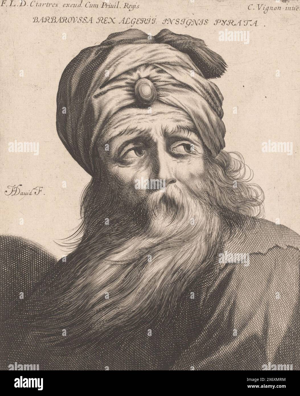 Porträt von Kaiser Friedrich I. Barbarossa, Barbaroussa rex Algerii insignis pirata. (Titel zu Objekt), Büsten von Philosophen und Königen (Titel der Serie), Druck, Druckerei: Jerôme David, (auf Objekt erwähnt), nach Entwurf: Claude Vignon, (auf Objekt erwähnt), Verlag: Francois Langlois, (auf Objekt erwähnt), Druckerei: Frankreich, Verlag: Paris, 1615 - 1647, Papier, Gravur, Höhe, 222 mm x Breite, 183 mm Stockfoto
