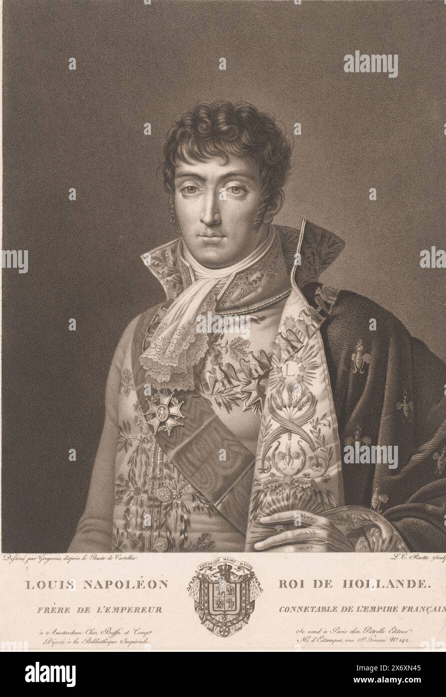 Porträt von Louis Napoleon, Louis Napoléon ROI de Hollande (Titel über Objekt), Druck, Druckerei: Louis Charles Ruotte, (auf Objekt erwähnt), nach Zeichnung von Albert Grégorius, (auf Objekt erwähnt), nach Skulptur von Pierre Cartellier, (auf Objekt erwähnt), Verlag: Amsterdam, Verlag: Paris, 1764 - 1806, Papier, Ätzen, Höhe, 390 mm x Breite, 283 mm Stockfoto
