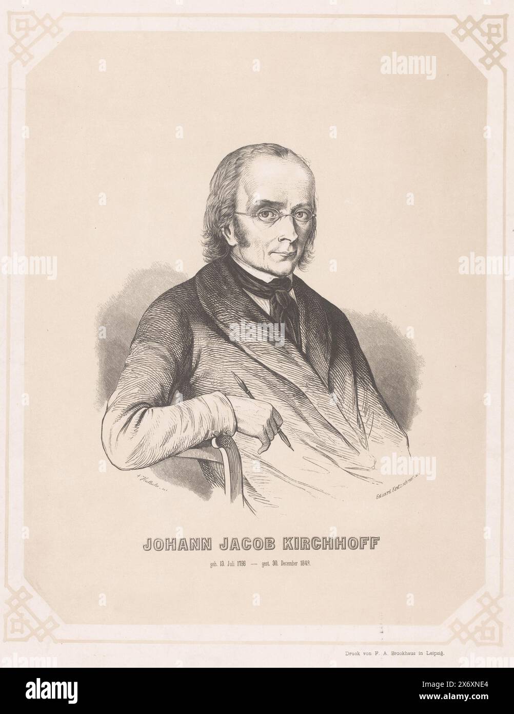 Porträt von Johann Jacob Kirchhoff, Druck, Druckerei: Eduard Kretzschmar, (auf Objekt erwähnt), nach Entwurf von: A. Huttula, (auf Objekt erwähnt), Drucker: Friedrich Arnold Brockhaus (I), (auf Objekt erwähnt), Leipzig, 1848 - 1858, Papier, Höhe, 490 mm x Breite, 382 mm Stockfoto