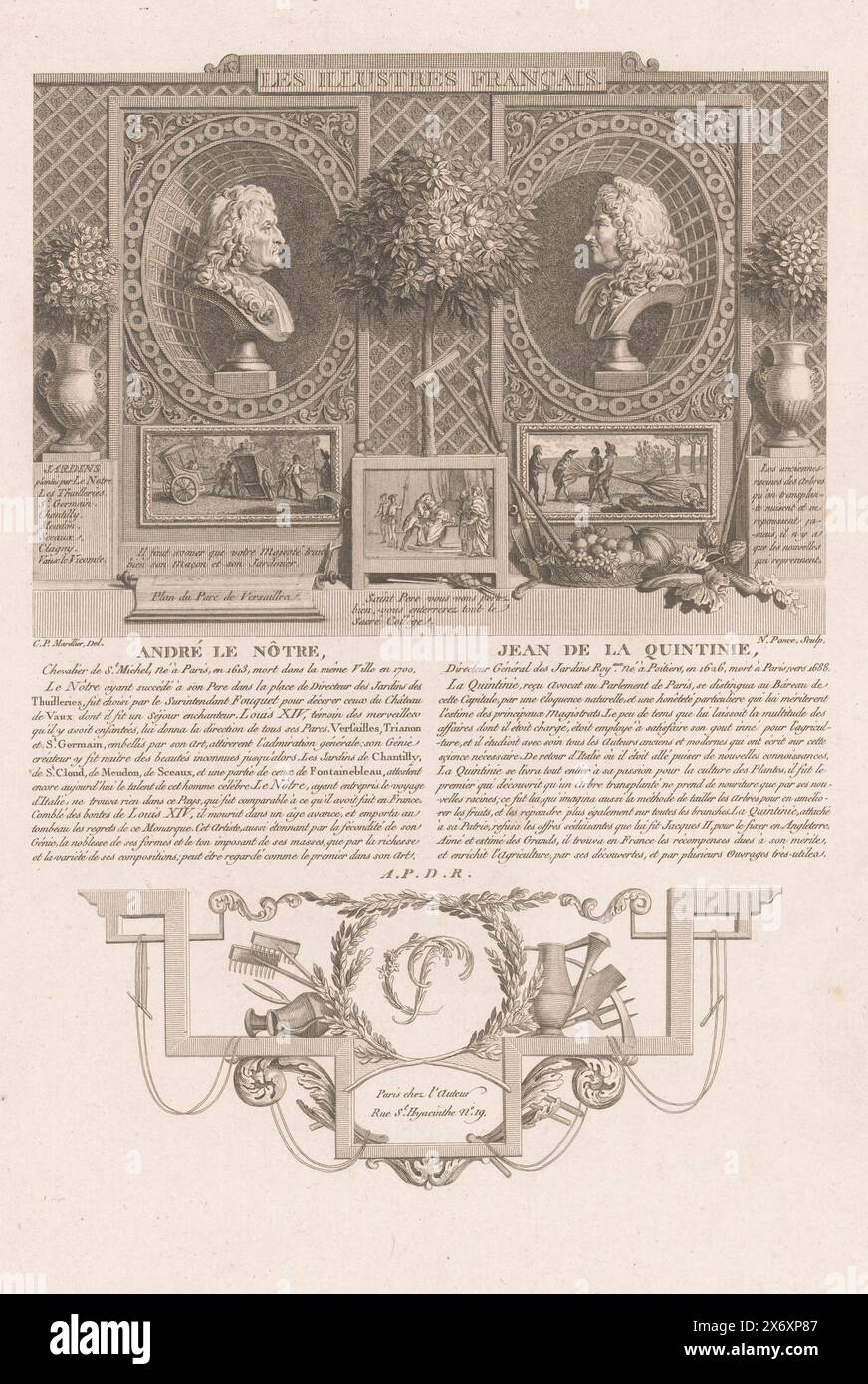 Allegorische Porträts von André Le Nôtre und Jean-Baptiste de la Quintinie, Porträts französischer historischer Figuren (Titel der Serie), Les illustres francais, ou tableaux historiques des grands hommes de la France (Titel der Serie), Druck, Druckerei: Nicolas Ponce, (Gegenstand genannt), nach Zeichnung von: Clément Pierre Marillier, (Gegenstand genannt), Verlag: Nicolas Ponce (erwähnt auf dem Gegenstand), Herausgeber: Paris, Frankreich, 1790 - 1816, Papier, Ätzen, Gravieren, Höhe, 333 mm x Breite, 228 mm Stockfoto