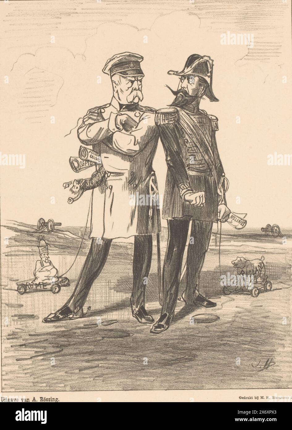 Cartoon zum Rückversicherungsvertrag zwischen Deutschland und Russland, Europäischer Frieden (Titel auf Gegenstand), Otto von Bismarck steht mit dem Rücken gegen einen russischen Offizier. Der Rückversicherungsvertrag war ein geheimer vertrag, den er mit Russland außerhalb Österreichs und Ungarns abschloss. Aus seiner Tasche ragt eine Puppe hervor, die sich auf die Schnabele-Affäre bezieht, ein Vorfall, der fast zum Krieg zwischen Frankreich und Deutschland führte. Der Dialog unter dem Druck bezieht sich auf die angespannten internationalen Beziehungen zu dieser Zeit. Dieser Druck wurde von de Lantaarn veröffentlicht., Druckerei: Jan Holswilder Stockfoto