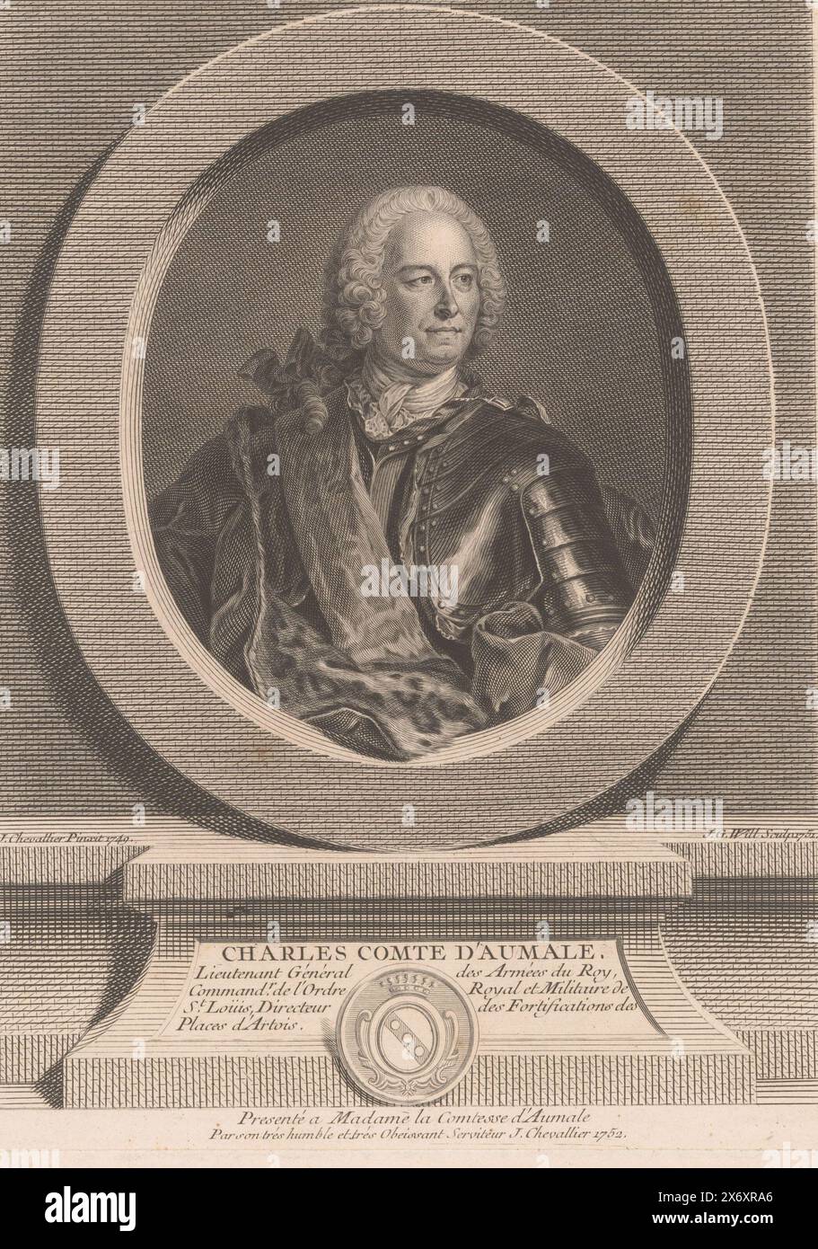 Porträt von Karl, Comte d'Aumale, Druck, Druckerei: Johann Georg Wille, (auf dem Objekt erwähnt), nach Entwurf von: Jean Chevalier, (auf dem Objekt erwähnt), Johann Georg Wille, (auf dem Objekt erwähnt), Frankreich, 1752, Papier, Gravur, Höhe, 246 mm x Breite, 184 mm Stockfoto