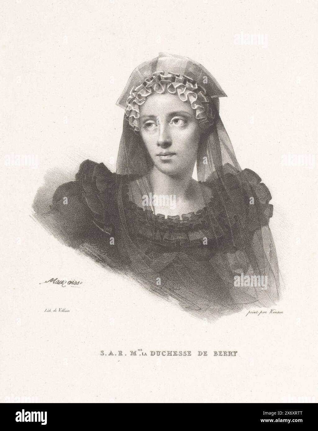 Porträt von Maria Carolina von Bourbon-Sizilien, Herzogin von Berry, S.A.R. Mme. la duchesse de Berry (Titel über Objekt), dargestellt als Witwe., Druck, Druckerei: Jean Baptiste Mauzaisse, (erwähnt auf Objekt), nach Malerei von Francois-Josèphe Kinson, (erwähnt auf Objekt), Drucker: Francois Jean Villain, (erwähnt auf Objekt), Paris, 1820 - 1852, Papier, Höhe, 364 mm x Breite, 261 mm Stockfoto