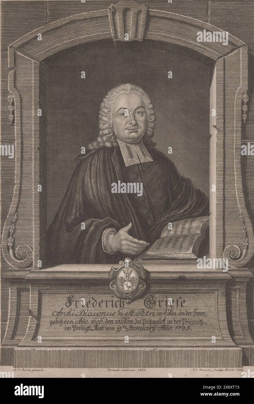 Porträt von Friedrich Griese, Druck, Druckerei: Johann Ernst Gericke, (auf Objekt erwähnt), nach Malerei von: A. G. Reich, (auf Objekt erwähnt), Johann Ernst Gericke, (auf Objekt erwähnt), Berlin, 1752 und/oder 1753, Papier, Gravur, Höhe, 389 mm x Breite, 267 mm Stockfoto