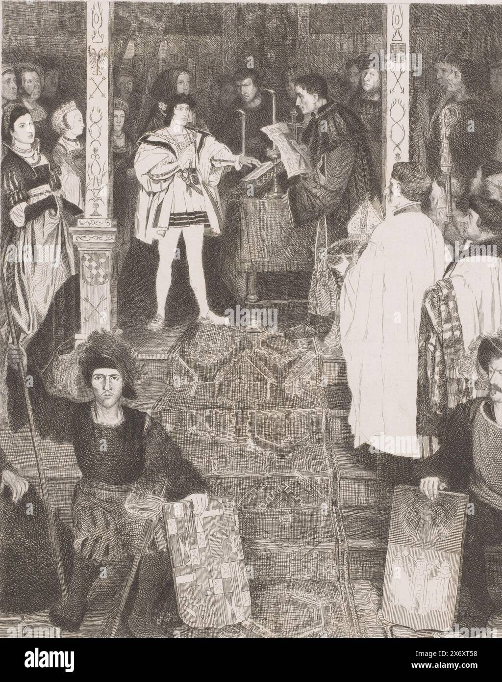 Eid Karl V. von Habsburg, Druck, Druckerei: Jean Baptiste Pierre Michiels (signiert vom Künstler), nach Malerei von Henri Leys (Baron), 1863 - 1890, Papier, Ätzung, Höhe, 399 mm x Breite, 295 mm Stockfoto