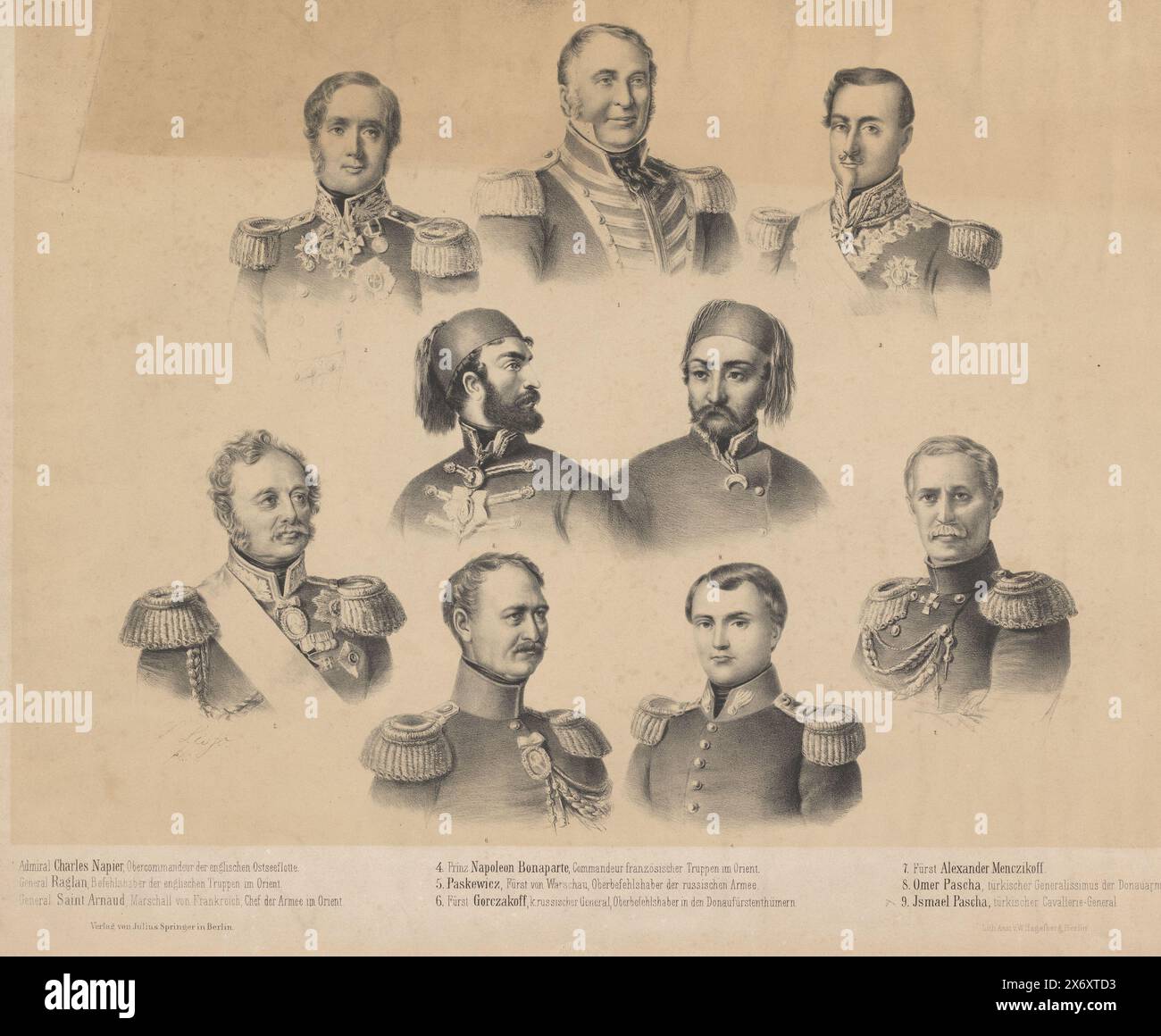 Porträts von neun Generälen, Porträts von Karl Johannes Napier, FitzRoy Somerset (Baron von Raglan), Jacques Leroy de Saint-Arnaud, Napoleon Bonaparte, Iwan Paskewitsch, Michail Dmitriwitsch Gortschakow, Alexander Sergejewitsch Menshikow, Omar Pascha und Ismael Pascha., Druck, Druckerei: Louis Lisso, (auf dem Objekt erwähnt), Drucker: Wolf Hagelberg, (auf dem Objekt erwähnt), Herausgeber: Julius Springer, (erwähnt auf dem Objekt), Berlin, 1820 - 1860, Papier, Höhe, 440 mm x Breite, 565 mm Stockfoto