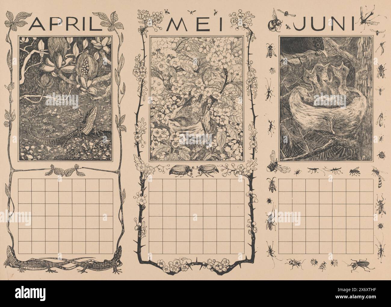 Kalenderblätter von April, Mai und Juni, mit Eidechsen und Vögeln, Druck, Druckerei: Theo van Hoytema, (auf dem Objekt erwähnt), 1901, Papier, Höhe, 480 mm x Breite, 642 mm Stockfoto