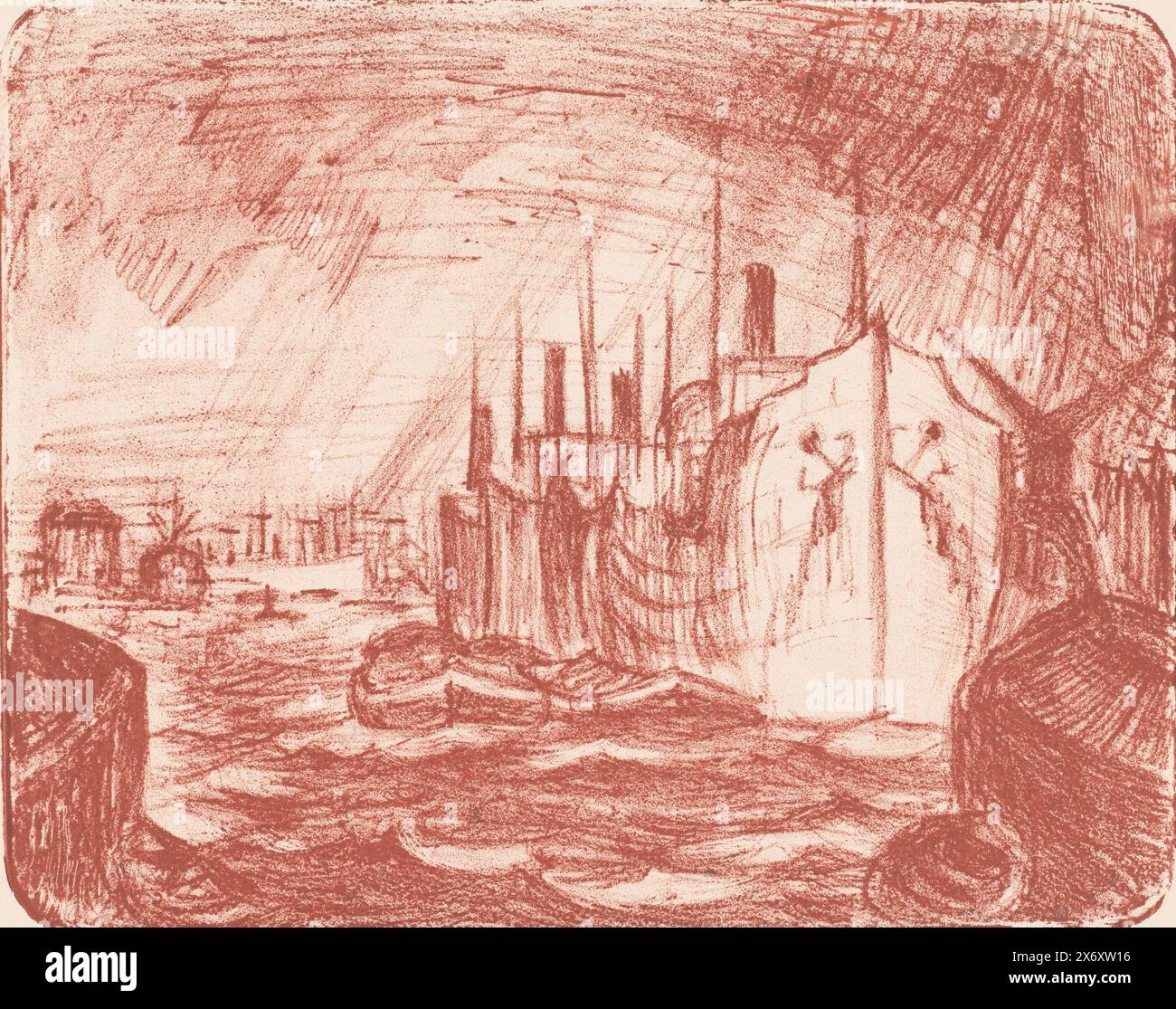 Hafen von Antwerpen (Originaltitel auf Objekt), Schiffe im abgehackten Wasser vertäut; skizziert., Druck, Druckerei: Henri Braakensiek, (signiert vom Künstler), 1922, Papier, Höhe, 215 mm x Breite, 270 mm, Höhe, 250 mm x Breite, 352 mm Stockfoto