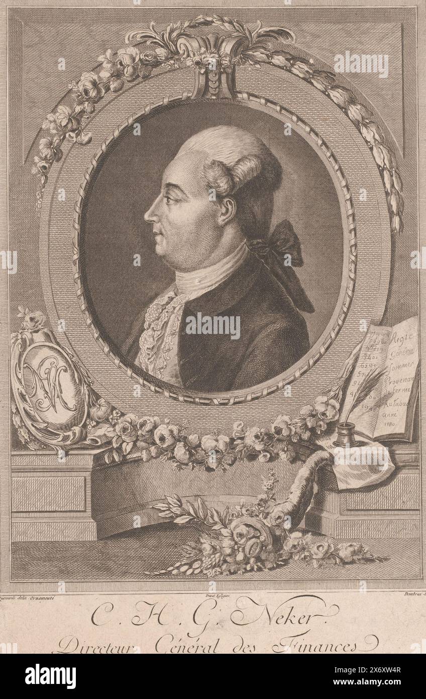 Porträt von Jacques Necker, C.H.G. Neker. (Titel zum Objekt), Druck, Druckerei: Jean Dambrun, (erwähnt zum Objekt), nach Zeichnung von: Marie Isidore Queverdo, (erwähnt zum Objekt), Herausgeber: Pierre Duval-Lecamus, (möglicherweise), Frankreich, 1751 - in oder nach 1808, Papier, Ätzen, Höhe, 289 mm x Breite, 194 mm Stockfoto