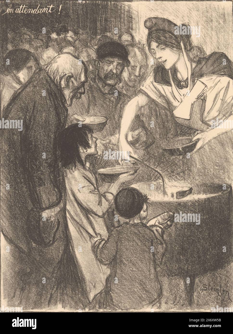 Warten auf eine Tasse Suppe, EN attendant (Originaltitel), Druck, Druckerei: Théophile Alexandre Steinlen, (signiert vom Künstler), Verlag: André Marty, Paris, 1895, Papier, Höhe, 383 mm x Breite, 553 mm Stockfoto