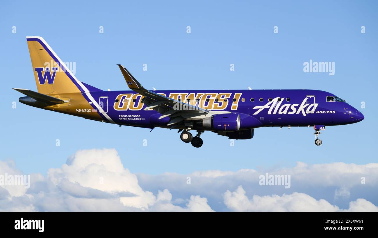 Everett, WA, USA – 21. Februar 2024; Alaska Airlines Horizon Air Embraer ERJ175 in der Lackierung von GO Dawgs University of Washington, Registrierung N662QX Stockfoto