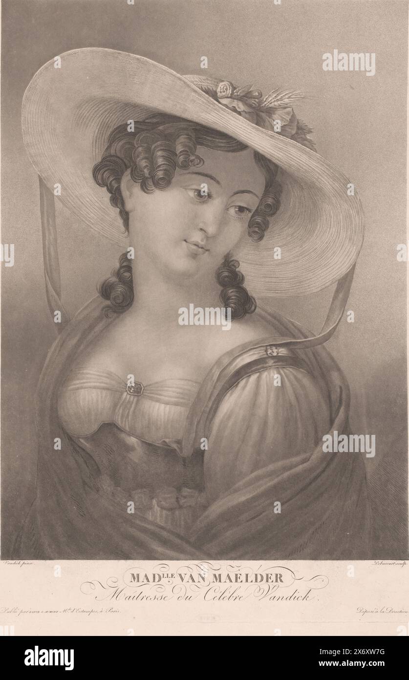 Frau mit großem Hut, Mad.lle Van Maelder (Titel auf Objekt), Frauenporträts berühmter Maler (Titel der Serie), Druck, Druckerei: Philibert-Louis Debucourt, (auf Objekt erwähnt), nach Malerei von Anthony van Dyck, (auf Objekt erwähnt), Verlag: Bance et Aumont, (auf Objekt erwähnt), Paris, 1821, Papier, Ätzen, Höhe, 461 mm x Breite, 335 mm Stockfoto Frau mit großem Hut, Mad.lle Van Maelder (Titel auf Objekt), Frauenporträts berühmter Maler (Titel der Serie), Druck, Druckerei: Philibert-Louis Debucourt, (auf Objekt erwähnt), nach Malerei von Anthony van Dyck, (auf Objekt erwähnt), Verlag: Bance et Aumont, (auf Objekt erwähnt), Paris, 1821, Papier, Ätzen, Höhe, 461 mm x Breite, 335 mm Stockfoto