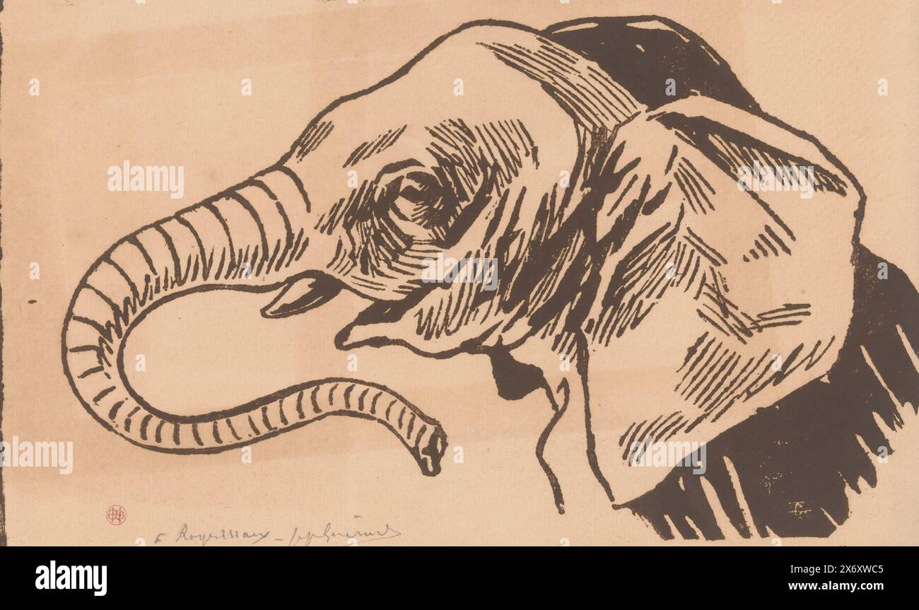 Elefant, Druck, Druckerei: Henri Charles Guérard, (auf dem Objekt erwähnt), 1856 - 1897, Papier, Höhe, 245 mm x Breite, 355 mm Stockfoto