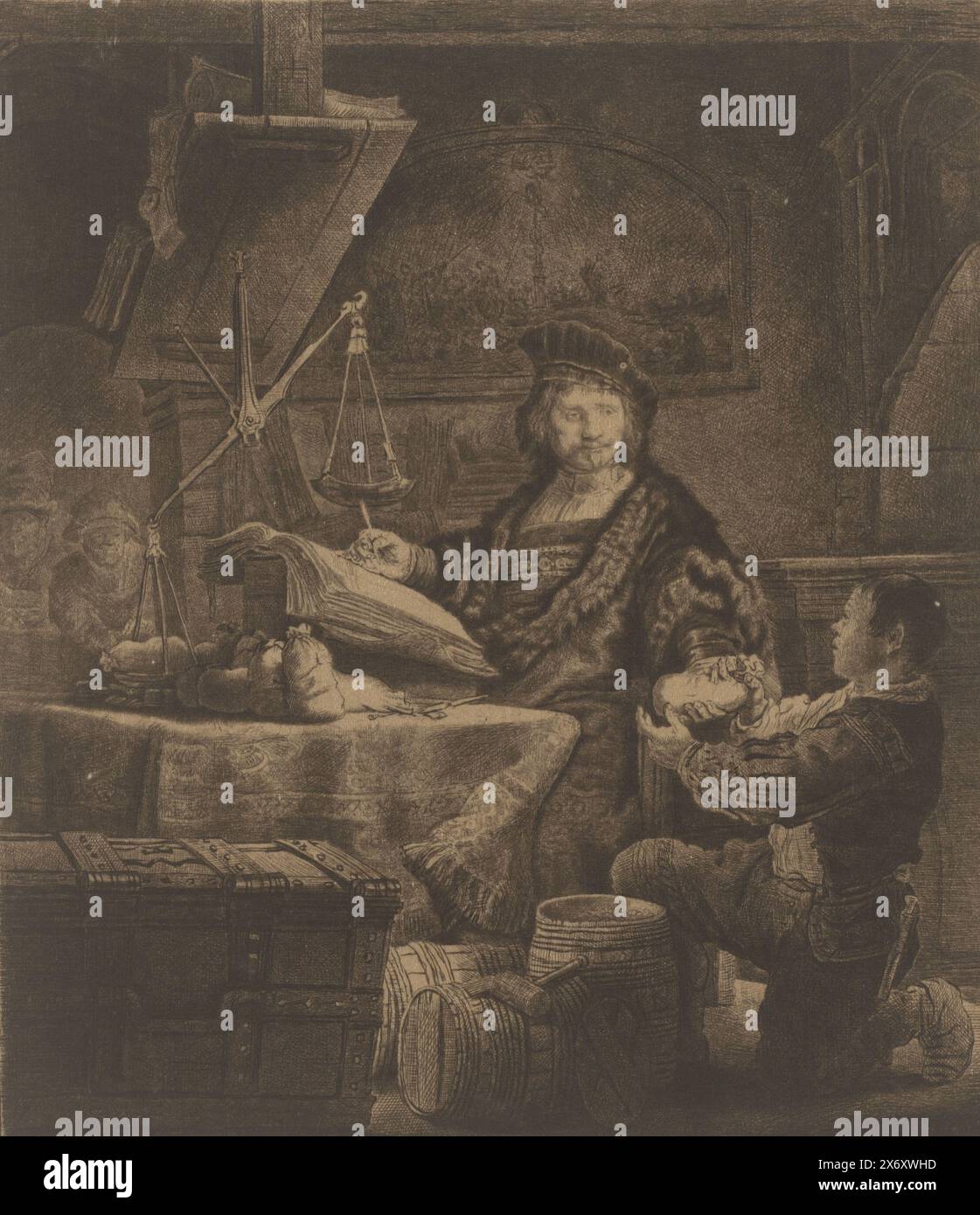 Jan Uytenbogaert, "der Goldwächter", Druck, Druckerei: William Baillie, (auf dem Gegenstand erwähnt), nach Druck von: Rembrandt van Rijn, (auf dem Gegenstand erwähnt), 1733 - 1810, Seide, Ätzen, Höhe, 253 mm x Breite, 212 mm Stockfoto