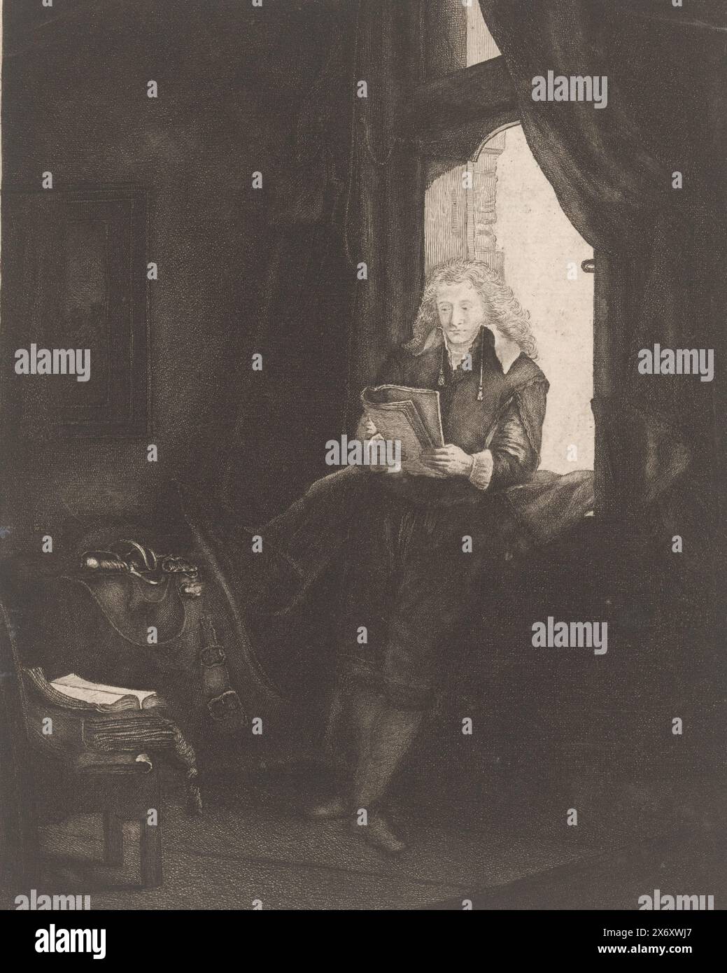 Jan Six, Druck, Druckerei: Pierre Francois Basan, (auf dem Gegenstand erwähnt), nach Druck von Rembrandt van Rijn, (auf dem Gegenstand erwähnt), 1733 - 1797, Papier, Ätzen, Höhe, 251 mm x Breite, 195 mm Stockfoto