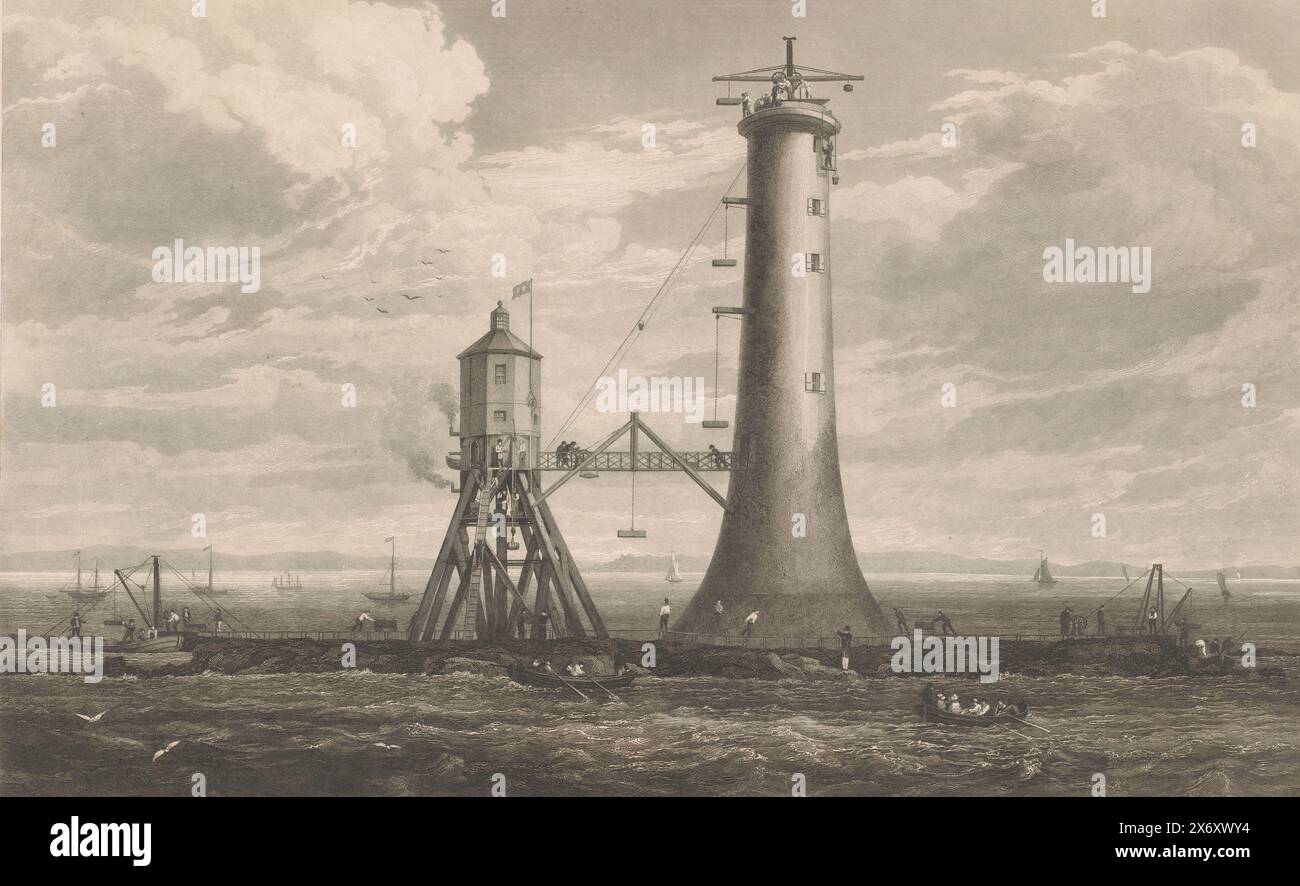 Bau des Bell Rock Lighthouse, Druck, Druckerei: William Miller, (erwähnt auf Objekt), nach Malerei von Alexander Carse, (erwähnt auf Objekt), nach Zeichnung von G.C. Scott, (erwähnt auf Objekt), 1806 - 1882, Papier, Ätzen, Gravur, Höhe, 309 mm x Breite, 462 mm Stockfoto