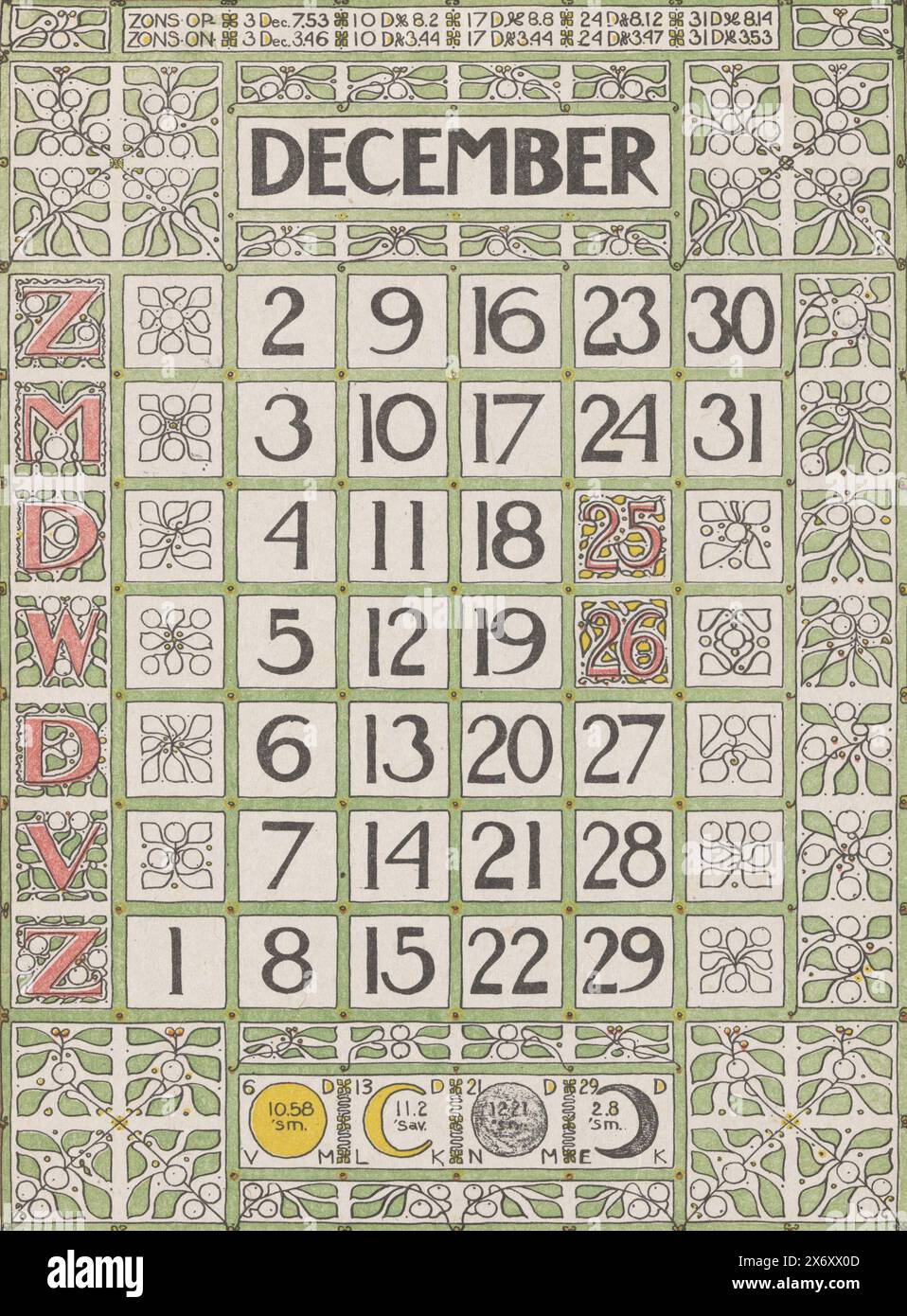 Kalenderblatt Dezember 1900, Druck, Druckerei: Theo Nieuwenhuis, Verlag: Scheltema & Holkema's Boekhandel, Amsterdam, 1900, Papier, Höhe, 245 mm x Breite, 176 mm Stockfoto